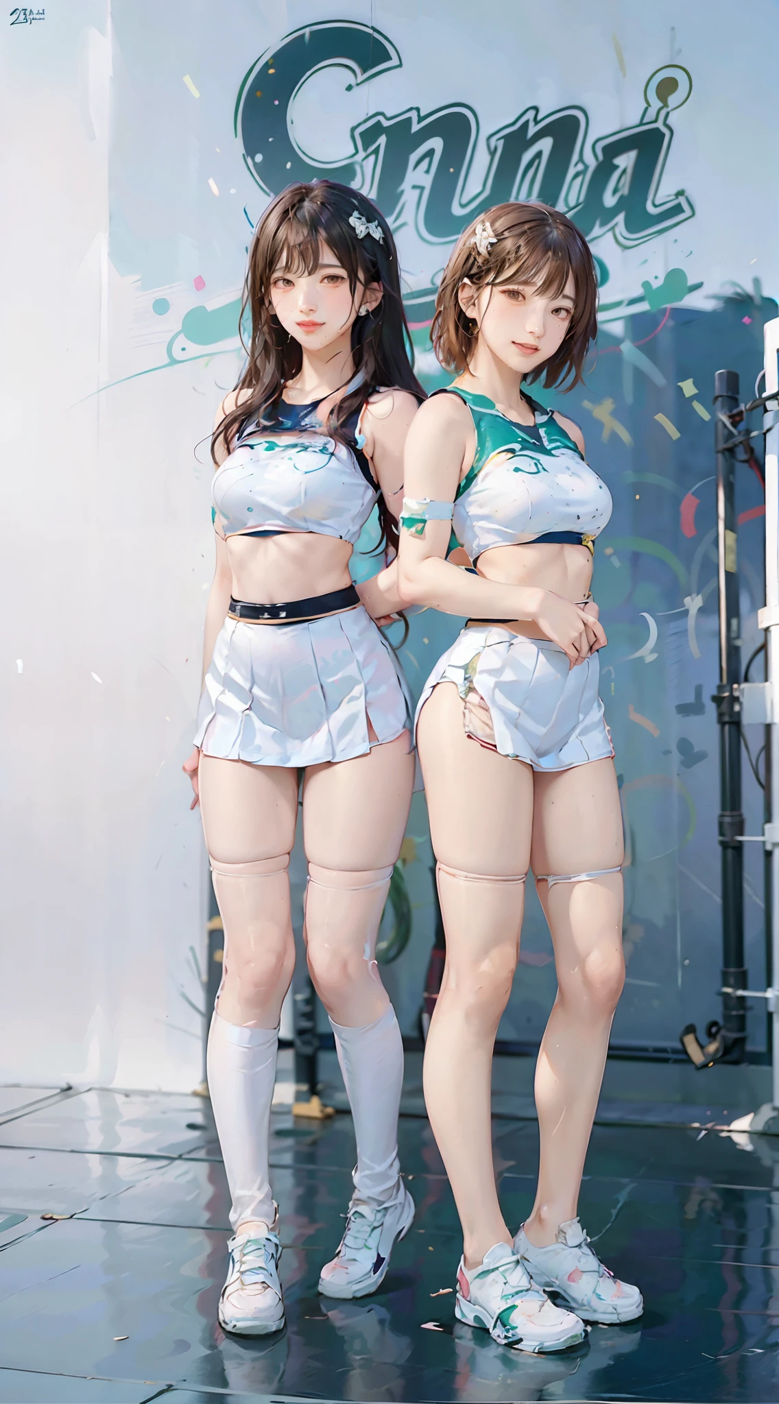Two women in short skirts standing next to each other, alena aenami and lilia alvarado, ayami kojima and lyde caldwell, Wearing tight simple clothes, two japanese schoolgirls posing, Two girls, twins, symmetric!!, wearing white skirt, Very beautiful long slim legs, tight outfit, Short skirt, wearing heels and white dress, skin tight dress