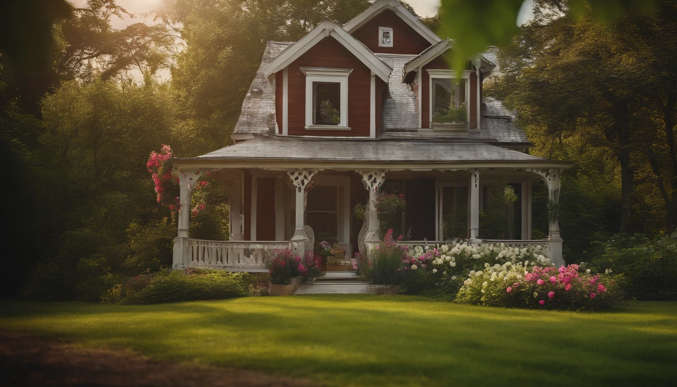 mother in law small cottage in a beautiful garden, covered porch with rocking chair, flower beds and blooming fruit trees  around
