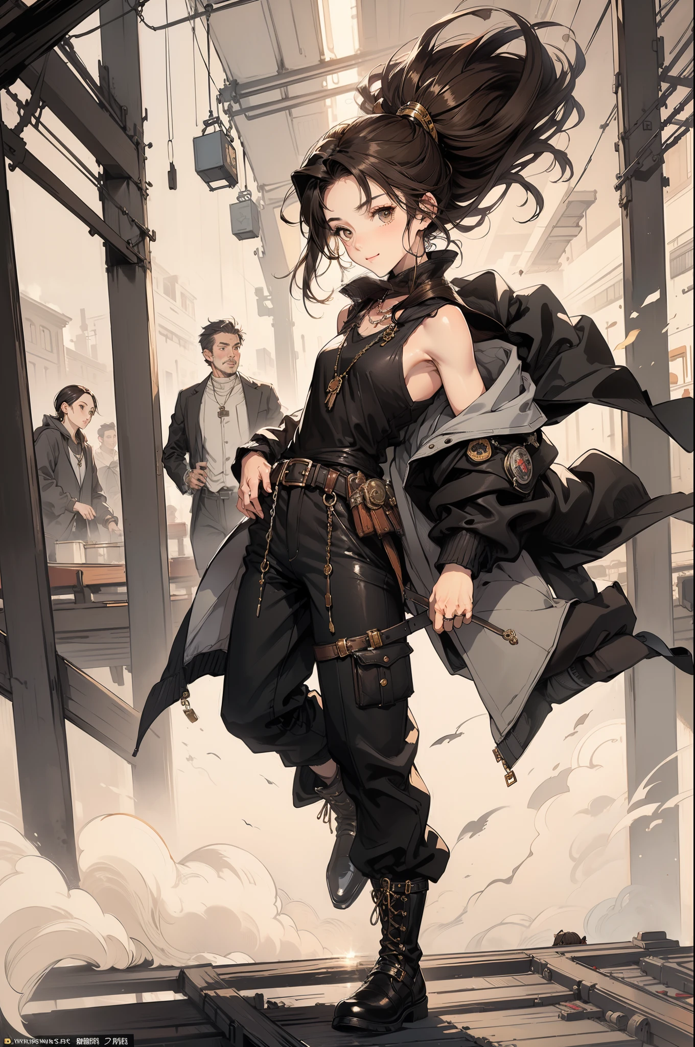 (Masterpiece:1.2, Best quality), "A slightly shorter maiden, Short shoulder-length brown hair and brown eyes, Fantasy style, Thief with mild malnutrition, Small smile , Thin, baggy pants, Boots, Long jacket, The jacket covered her, thief, Black clothes, Masterpiece, utility belt, Market background"