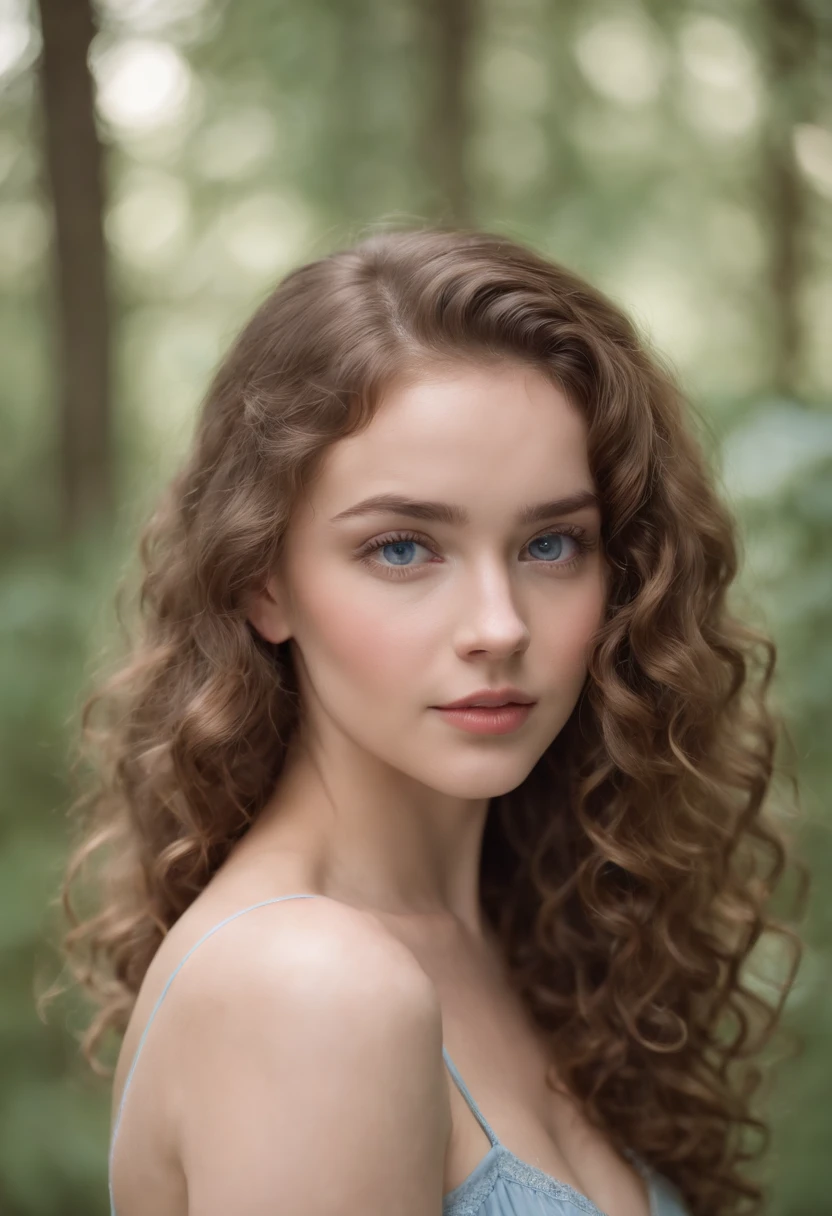 "Full body portrait of a charming girl with curly hair, petite figure, beautiful face, captivating blue eyes, and modest large bust size, showcasing her natural beauty."