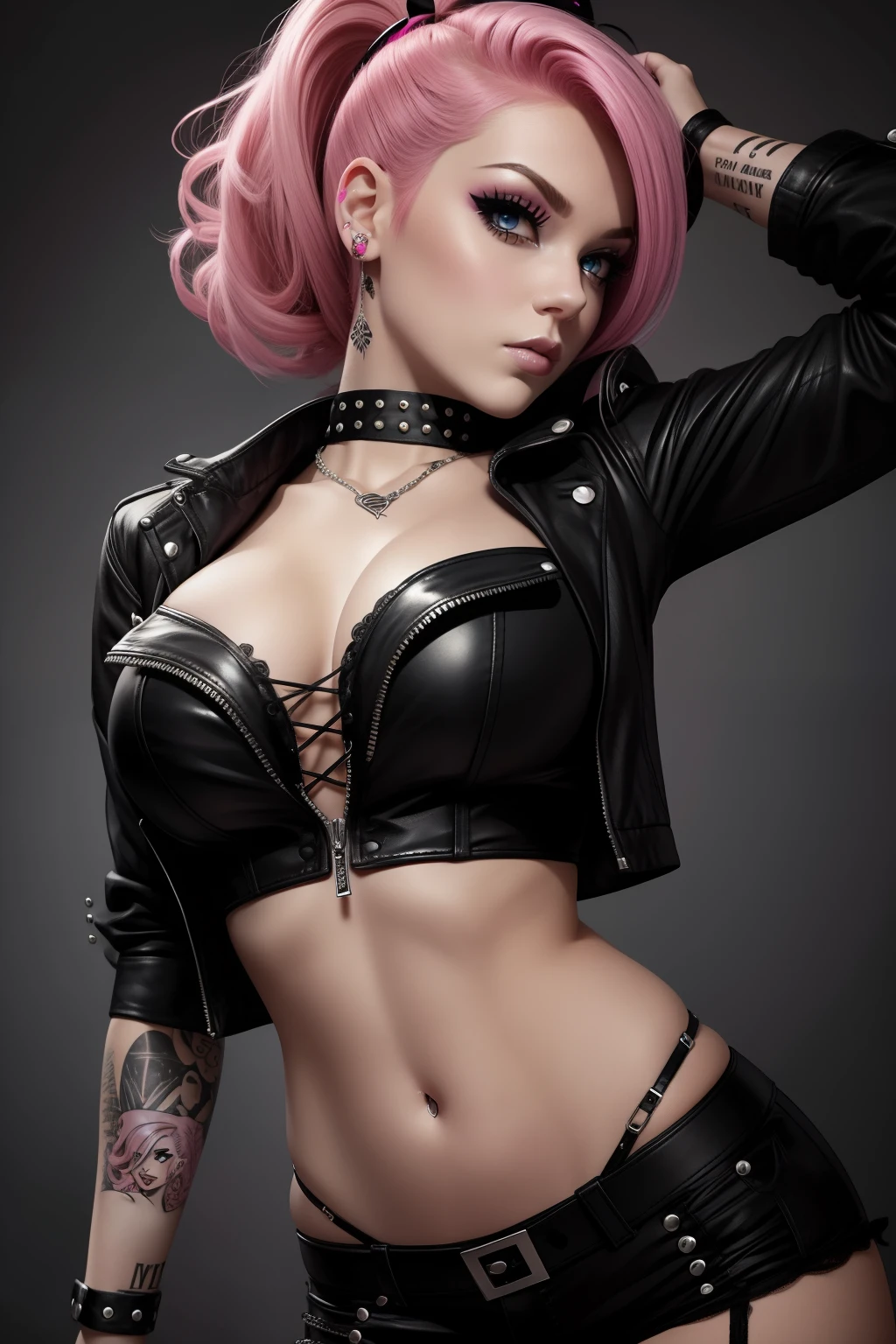 Pink-haired Emo Pin up Girl, Black Faux, Lustrous zomp eyes, Striking a pose