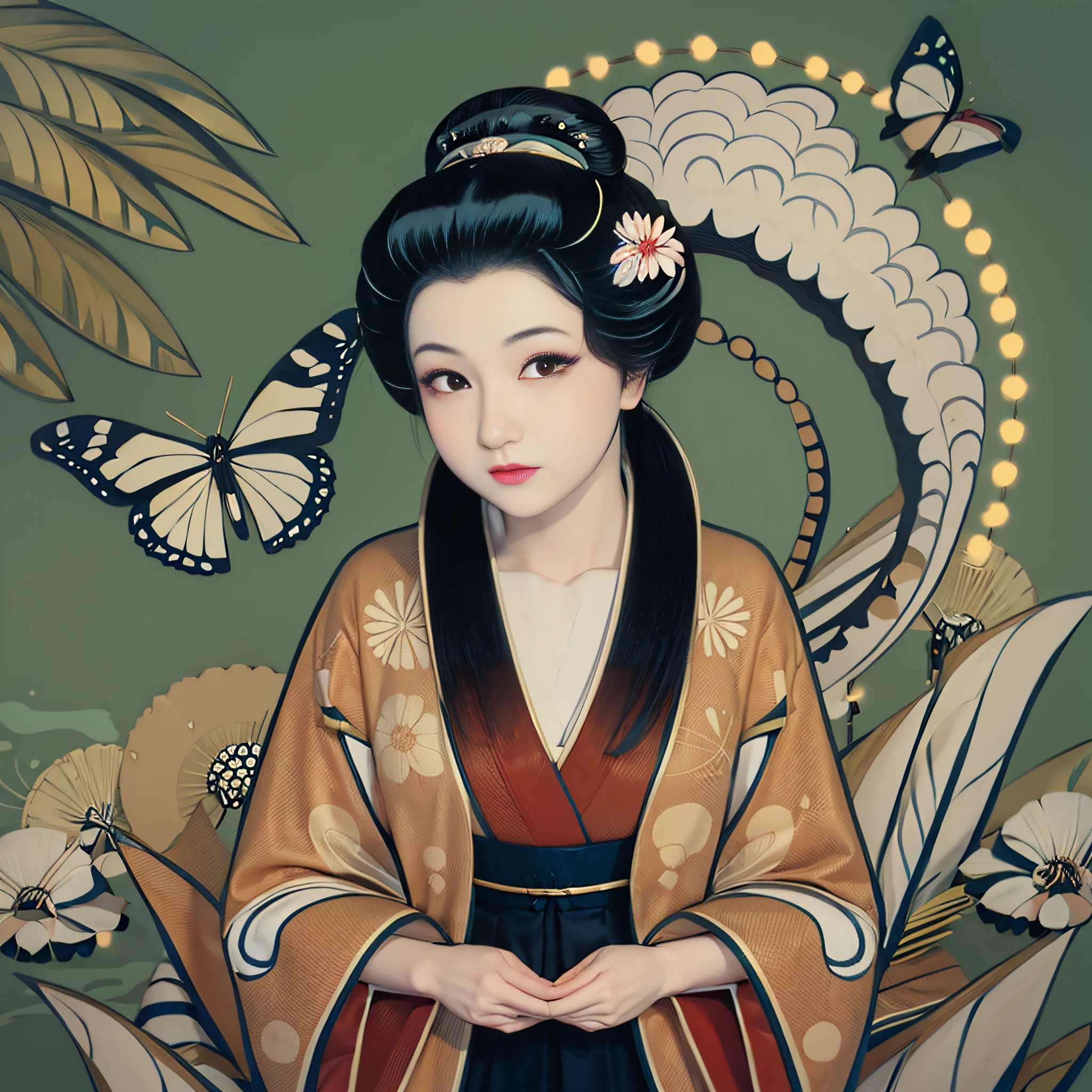 Mulher de Araffe no quimono com fundo da borboleta e da flor, No estilo de arte de Ukiyo - E, japanese art style, japanese illustrator, in illustration style digital, Retrato de uma gueixa bonita, Gueixa da beleza, inspired by Uemura Shōen, mulher japonesa elegante, Retrato da gueixa, inspired by Itō Shinsui.
