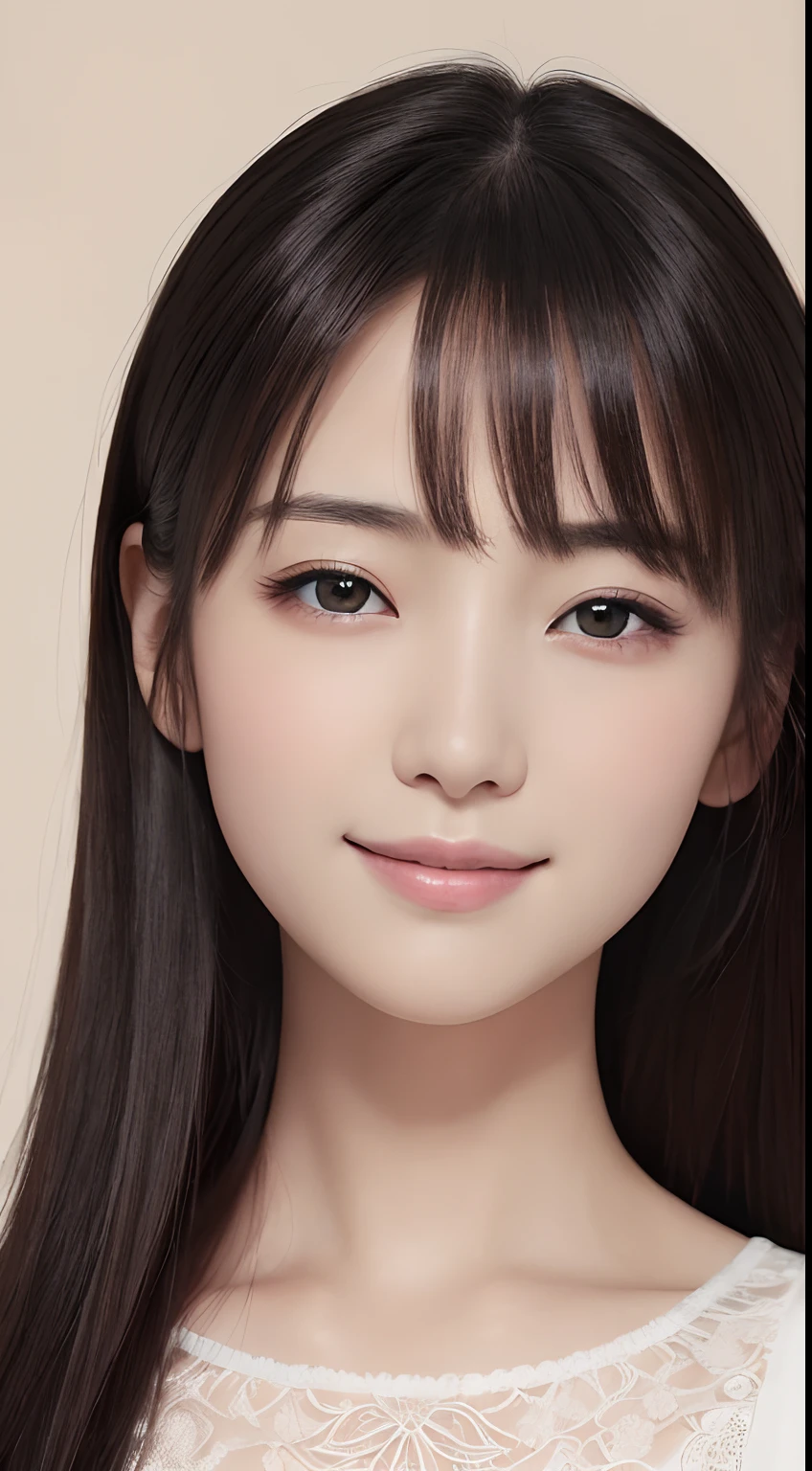 ​masterpiece, 1 beautiful girls, detaileds, Swollen eyes, top-quality, 超A high resolution, (Realistis: 1.4), OriginalPhotographs, 1Girl, 电影灯光, a smile, japanes, Asian beauty, Proper, very extremely beautiful, Young face, Beautiful skins, slender, simple background, (A hyper-realistic), (illustratio), (hight resolution), (8K), (ighly detailed), (The best illustrations), (beautifully detailed eyes), (ultra-detailliert), (wall-paper), (详细的脸), looking at the viewers, fine detailed, A detailed face、deep-shadows、Unobtrusive、pureerosfaceace_v1、Smile、46-point diagonal bangs、(Facing straight ahead)、Neat Clothing、Black colored eyes、