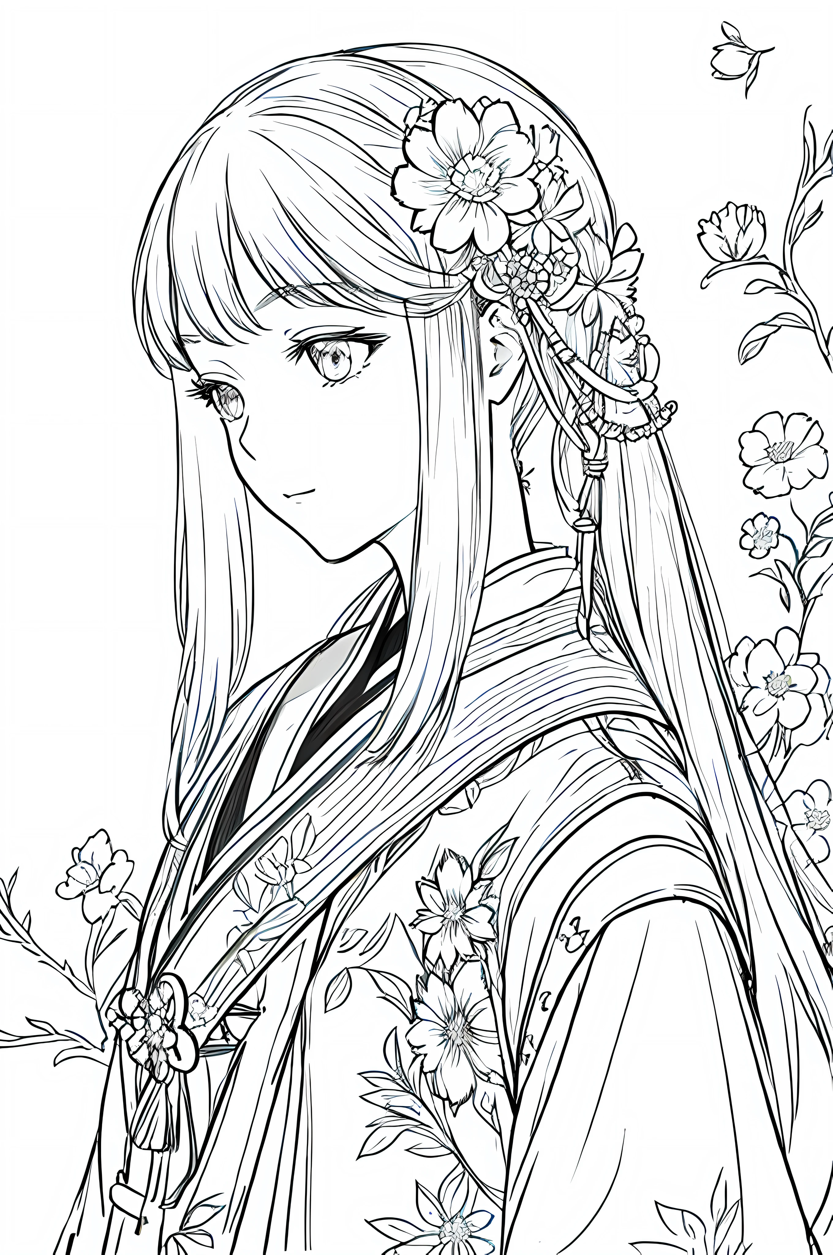 masterpiece, acura, 1girl, solo, hanfu, long hair, profile close-up, flower line drawing background, white background, monochrome, line drawing, ((sketch))