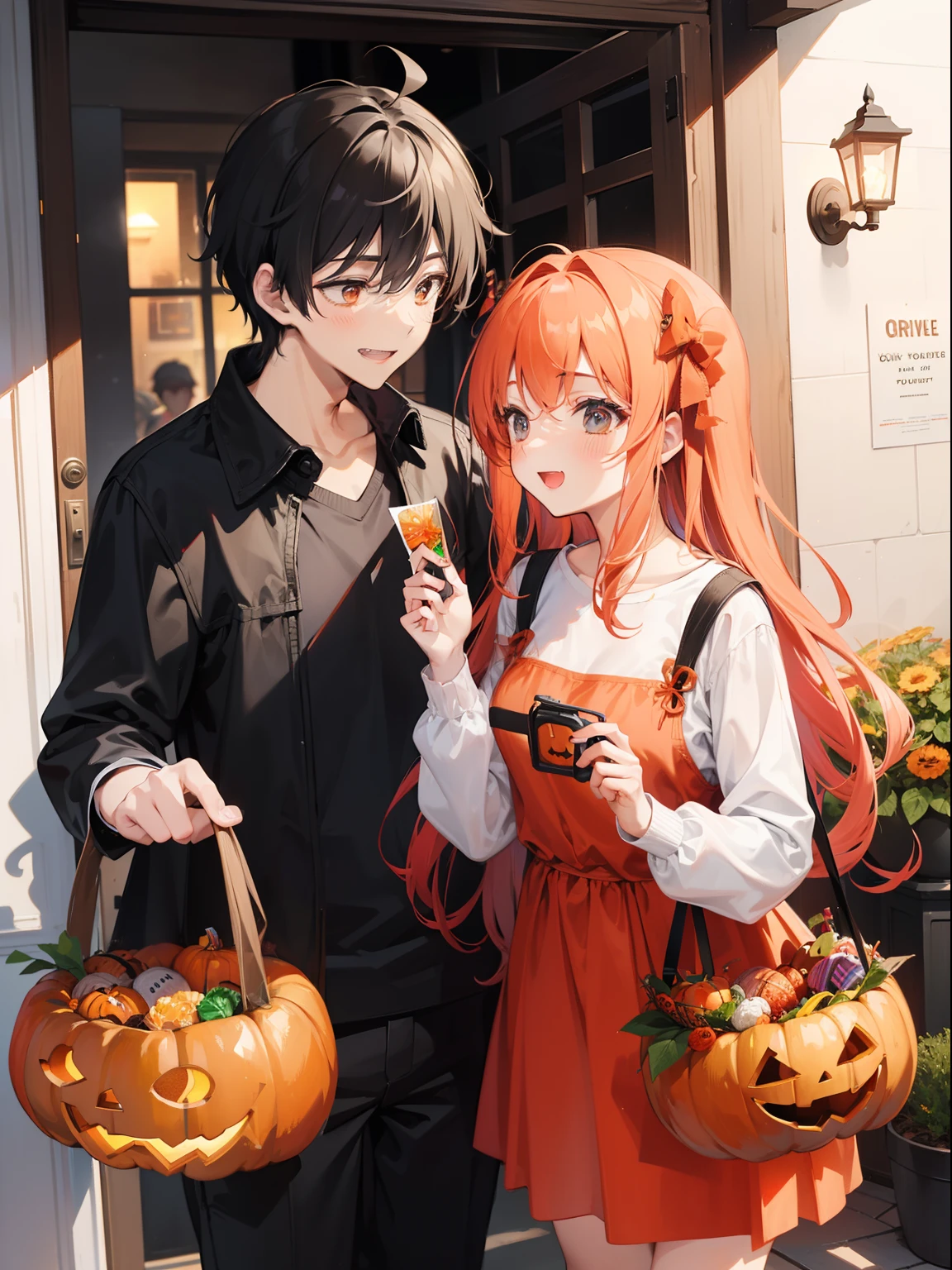 1couple,1male_1girl,halloween,pumpkin_basket,pumpkin,giving_candies_to_kids,candies,laughing,happy,in_front_of_the_door,happy_atmosphere