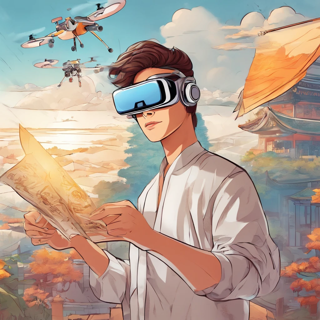(White background:1.4),(Boy wearing VR glasses,Control the drone to fly,Draw cartoon images through AR,Record beautiful moments with your camera。Oriental elements),(Chinese illustration:1.3,paper art:1.3, Quilted paper art:1.2),( reasonable design, Clear lines, High sharpness,Best quality, Very detailed, Masterpiece, movie light effect, 4K )