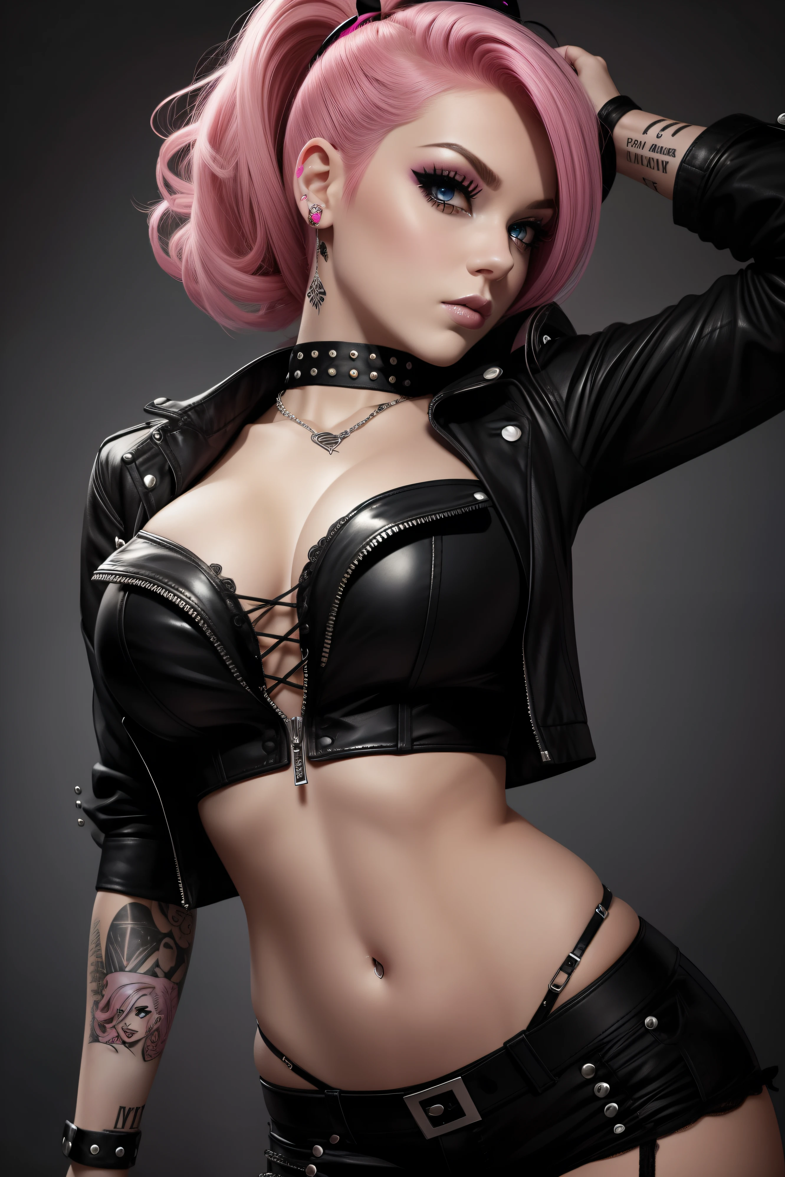 Pink-haired Emo Pin up Girl, Black Faux, Lustrous zomp eyes, Striking a pose