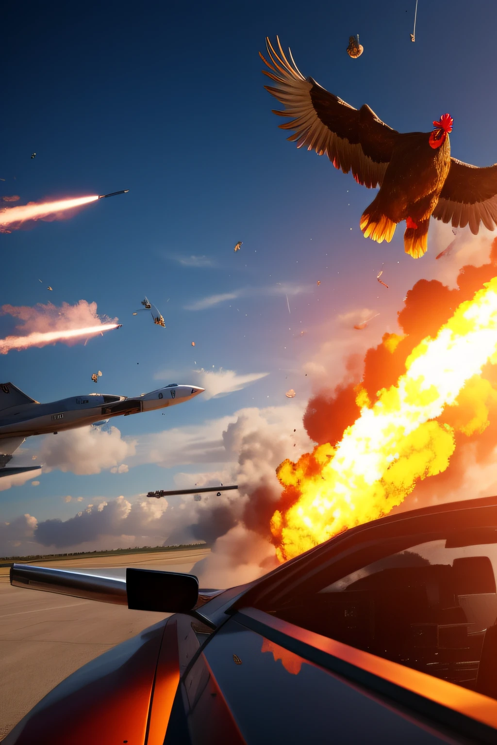 Witness a man gripping a colossal, chicken-filled gun aiming his destructive projectiles at the windshield of a jet in broad daylight. The captivating scene is rendered realistic.
