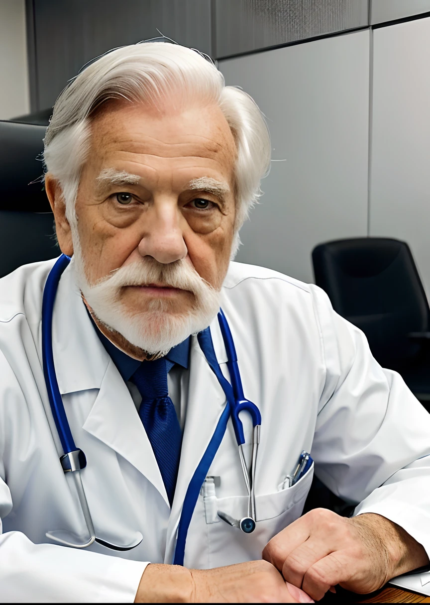 Homem idoso velho de terno branco e gravata sentado em uma mesa, foto de um homem, sitting at desk, wearing a medical suit, foto corporativa, homem bonito, retrato profissional hd