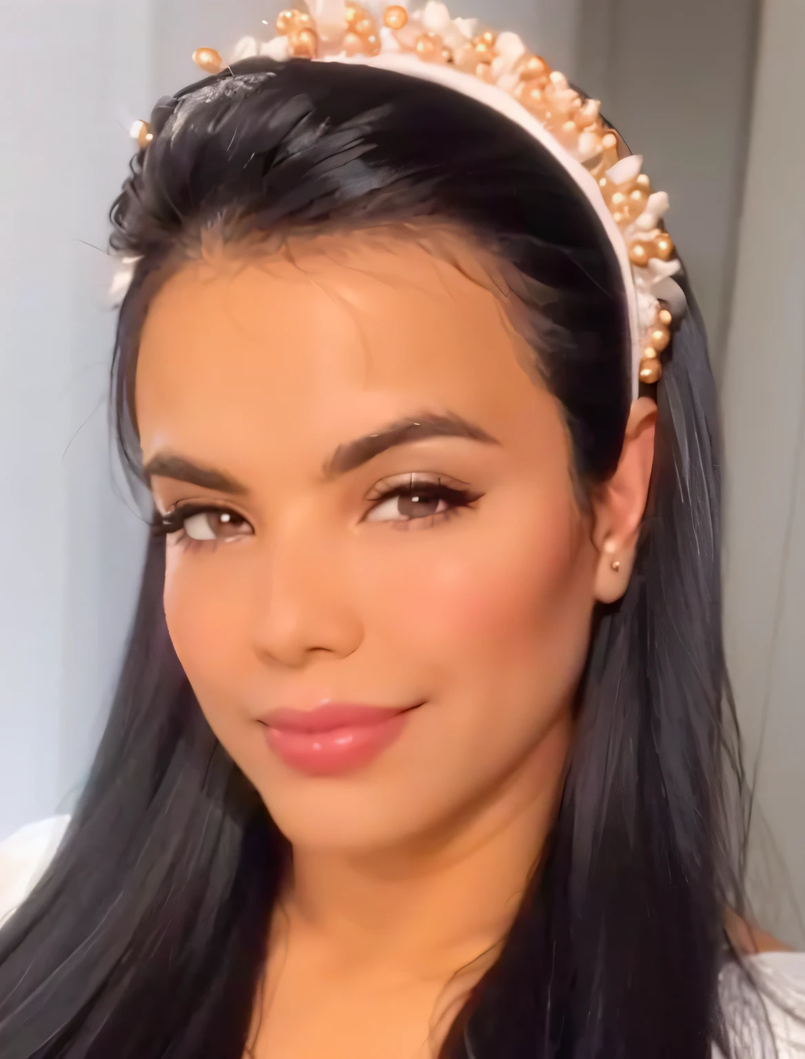 a woman with long black hair wearing an aunt with pearls, lindo rosto latino, Parece Fabiula Nascimento, flawless olive skin, wearing a pink head band, Alanis Guillen, mulher mexicana bronzeada bonita, Mulher mexicana bonita, Mulher de 30 anos de Cuba, curtido ameera al taweel, Sobrancelhas relaxadas