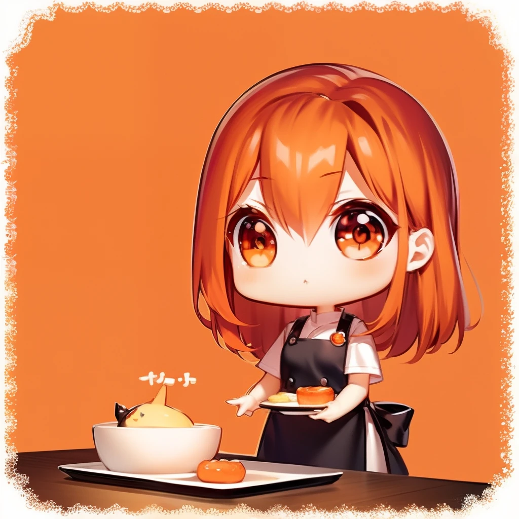 masterpiece、detaileds、Kintaro's apron、Soft lighting、Long redhead goth cat girl、Orange-eyed chibi、white backgrounid、simple background、In the middle of the meal