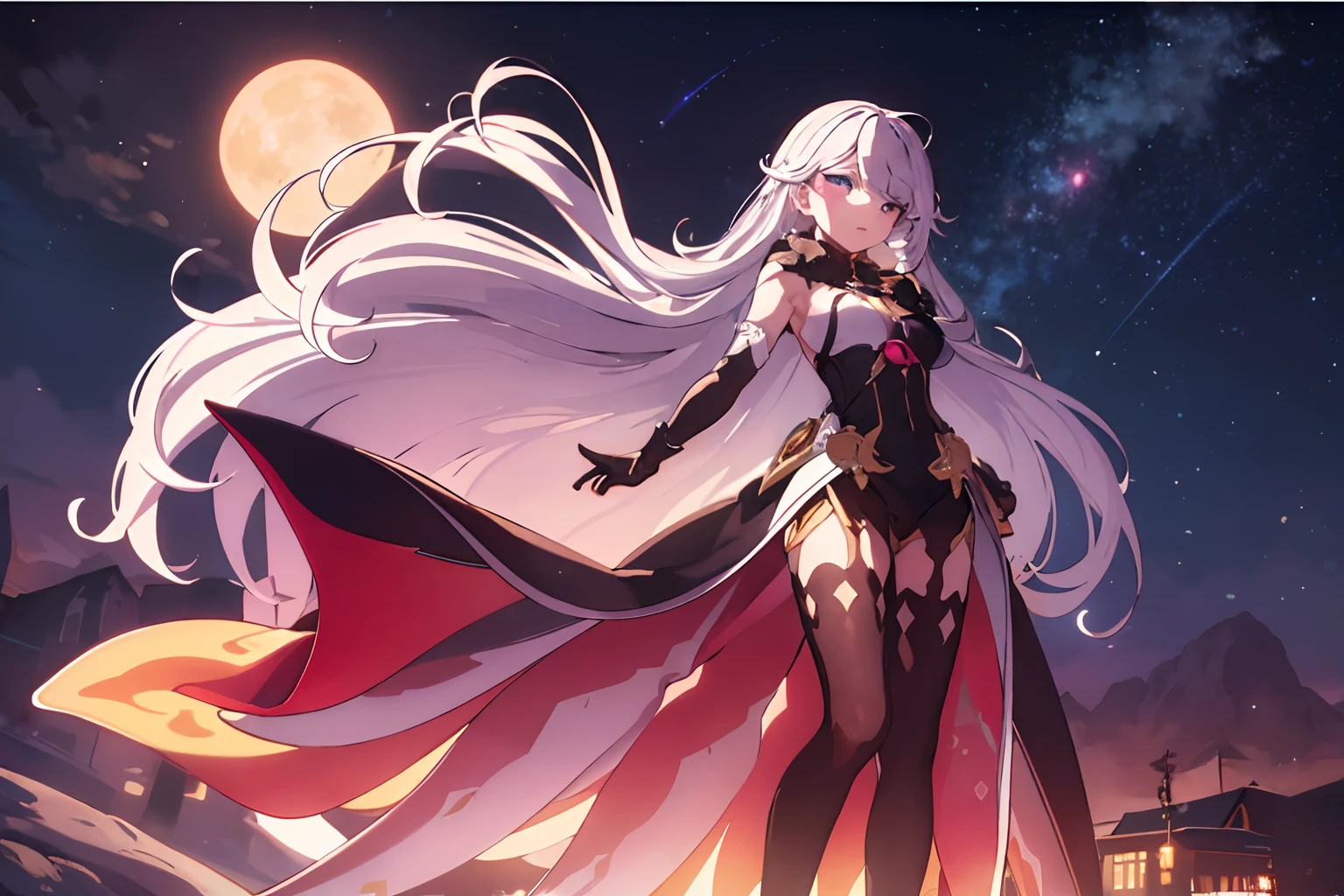 masterpiece, best quality, ultra-detailed, illustration, warm lighting, bright colors, 8K wallpaper, 1girl, full body, solo, very long hair, white hair, blue eyes, closed mouth, night, moon, outdoors, outdoor