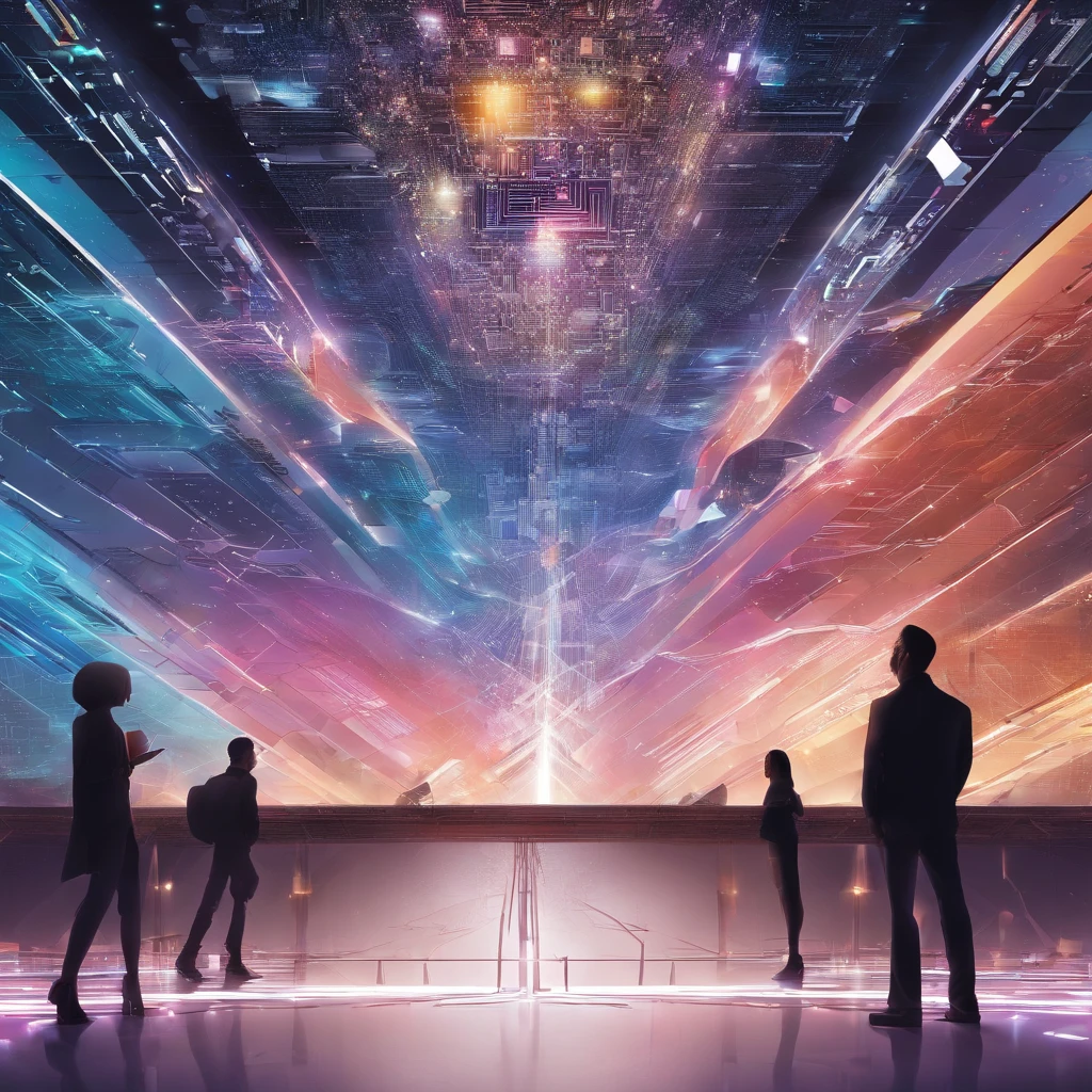 Crie uma imagem que represente o ano de 2022, with people around the world marveling at the rise of Artificial Intelligences. AIs are present in devices and computers, criando obras de arte e respondendo a perguntas complexas em tempo real.