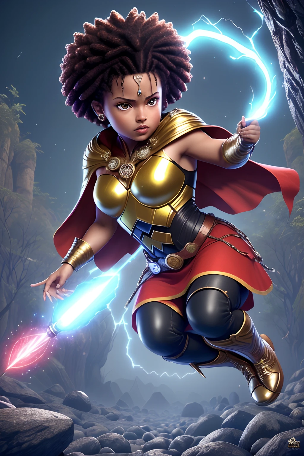 Pixar 3d Create an illustration of a young African child warrior with a powerful, confident stance. The child should have dark skin, wearing traditional African-inspired attire, including a red headscarf and a matching red tunic with golden accents. The warrior is holding a magical staff that emits bright blue lightning. The background should be simple, focusing attention on the child and the glowing blue energy surrounding the staff