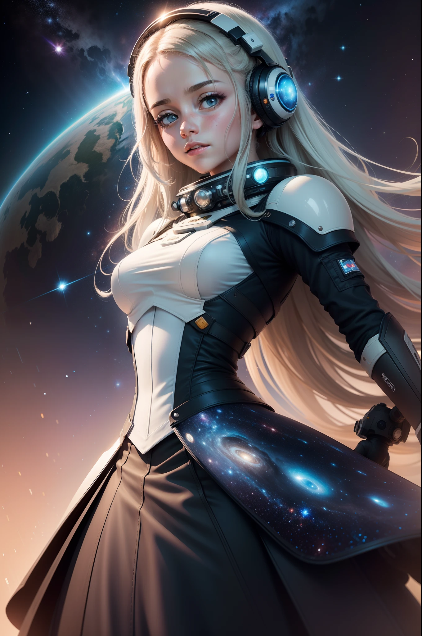 Crie uma imagem de uma (((garota linda e loira))) What is (((viajando pelo universo))) em uma (((moto espacial))). Destaque a beleza da garota com cabelos loiros brilhantes e um traje futurista, showing your confidence and fearlessness. The scene around her should represent the vastness of the universe, com estrelas cintilantes, nebulosas coloridas e planetas distantes. The spacecraft should be a work of advanced technology, with streamlined lines, luzes pulsantes e propulsores que emitem um brilho azul intenso. Make sure the girl is in an impressive pose, demonstrating the excitement and wonder of your interstellar journey.