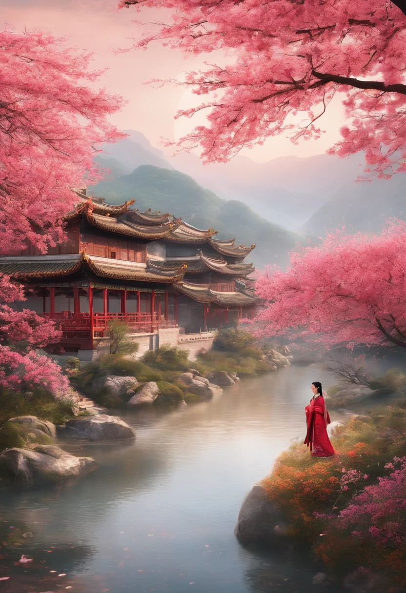 (Poster design),((Lichun poster)),Spring flowers,chinese traditional architecture,,A woman wears Hanfu,Landscape of people,(There is in the upper left corner(Spring)The Chinese characters,Microsoft Yahei)