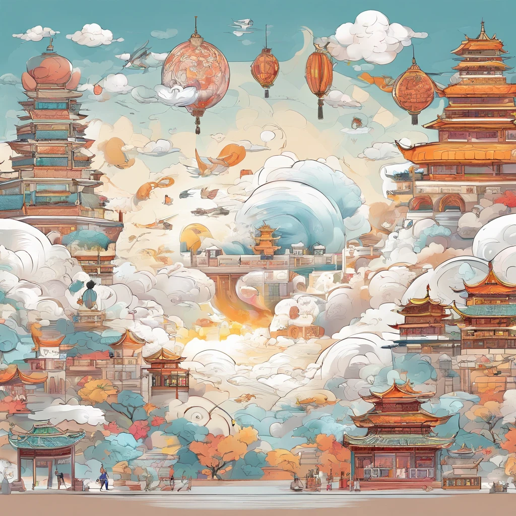 The game scene, the ancient Chinese palace is located above the clouds, surrounded by clouds and mist, majestic, glazed tiles, Buddha sitting on the horizon, colorful, ((color ink)),((splash ink)) ,((splash ink) ink} ) ) , masterpiece, High quality, nice graphics, high detail