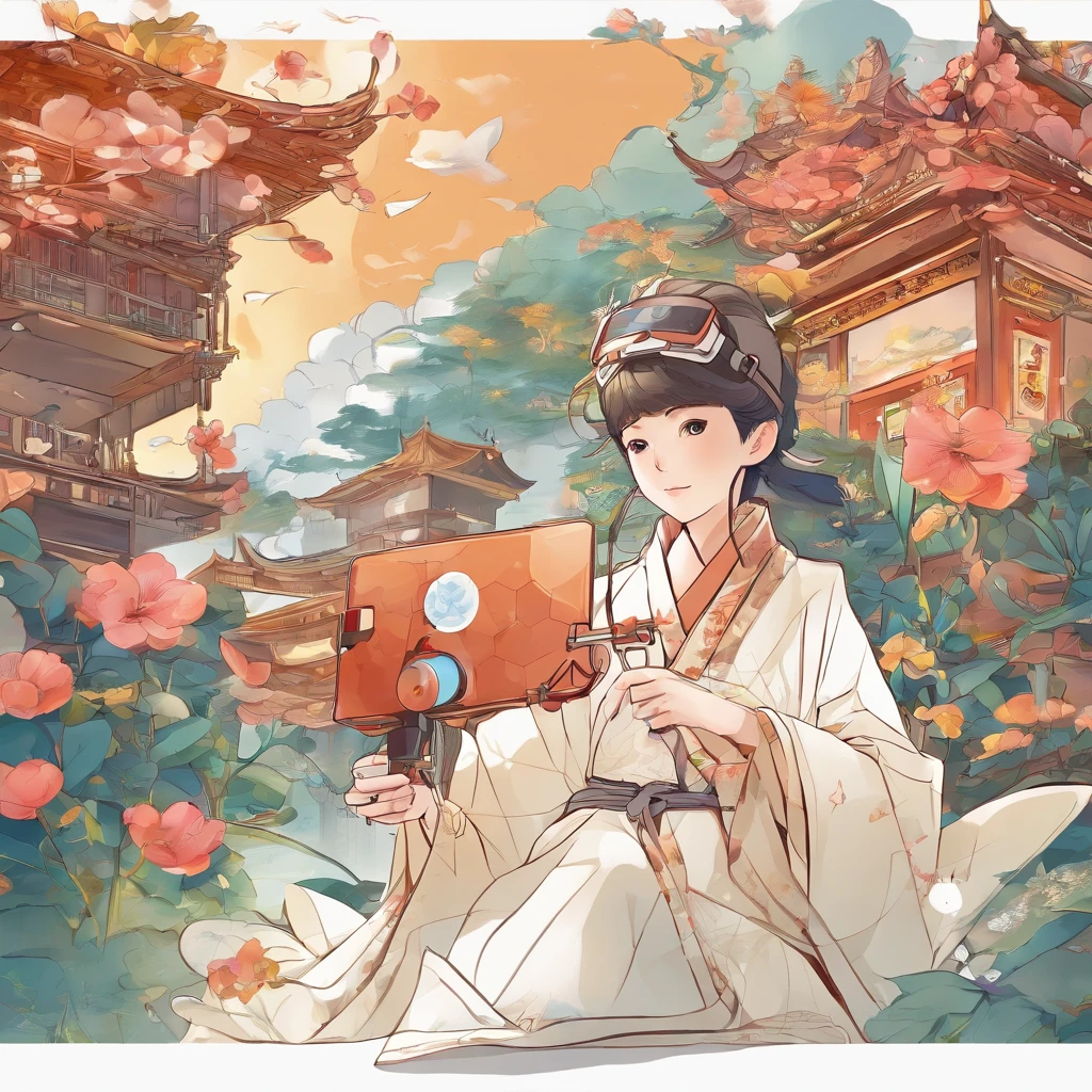 (White background:1.4),(Boy wears VR，Control the drone to fly，AR drawing cartoon characters，Take pictures to record it。Oriental elements)，(Chinese illustration:1.3，paper art:1.3, Quilted paper art:1.2),( reasonable design, Clear lines, High sharpness,Best quality, Very detailed, Masterpiece, movie light effect, 4K )