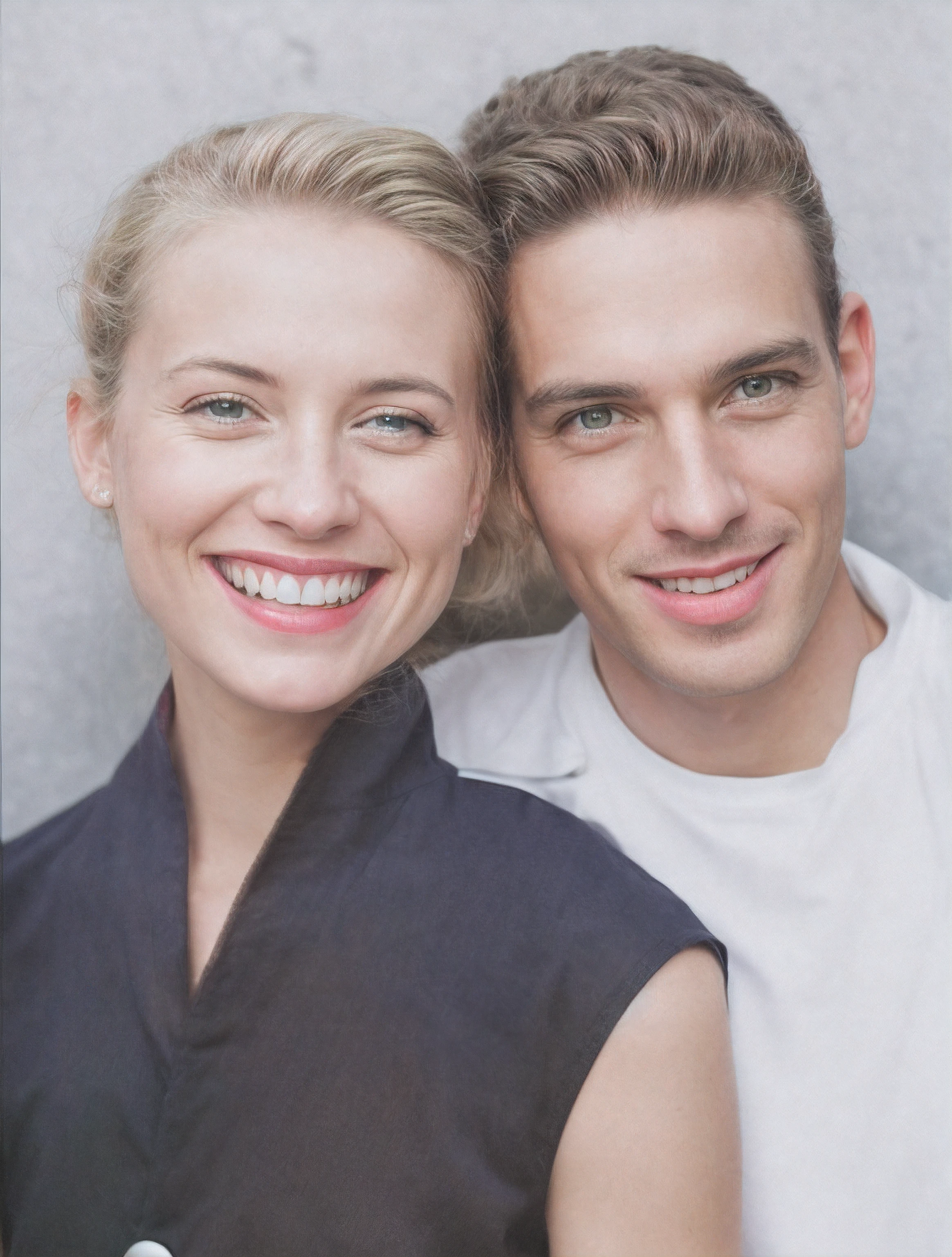 There are two people who are posing for a photo together, man and woman, couple, smiling couple, couple portrait, woman with straight blonde hair, green eyes, smiling, white teeth, blue dress with 1 white button, man with light brown hair, green eyes, smiling , white teeth, with a white shirt and a white t-shirt underneath, white background, raw photo, amazing photograph, best quality, 8K, high quality, Ultra detailed, (high detailed skin, full sharp:1.2), 8k uhd, dslr, detailed face