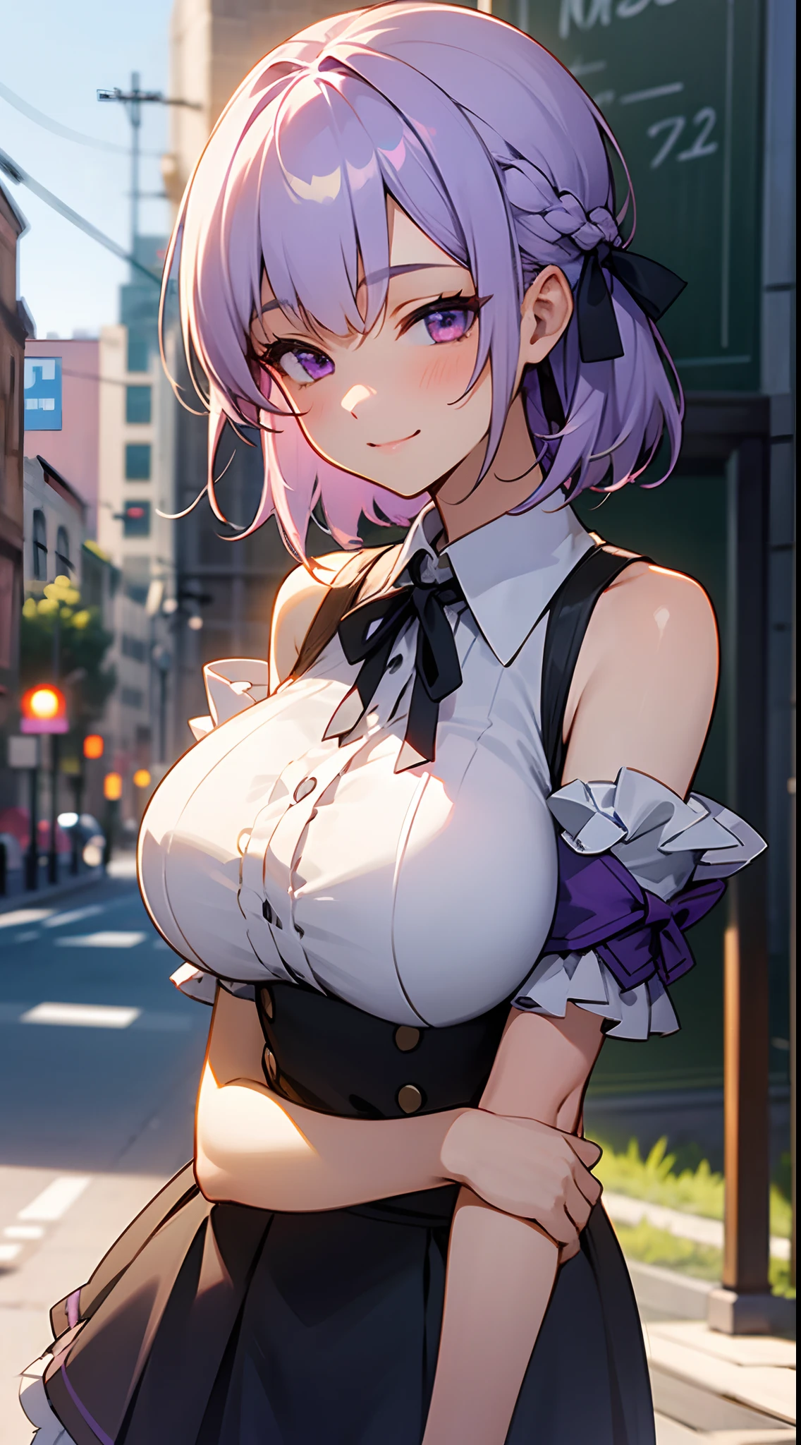1 girl, game CG, frilled shirt that shows shoulders, short skirt, hair ribbon, gigantic breasts, light purple hair, middle hair, french braid, purple eyes, outdoors, smile,