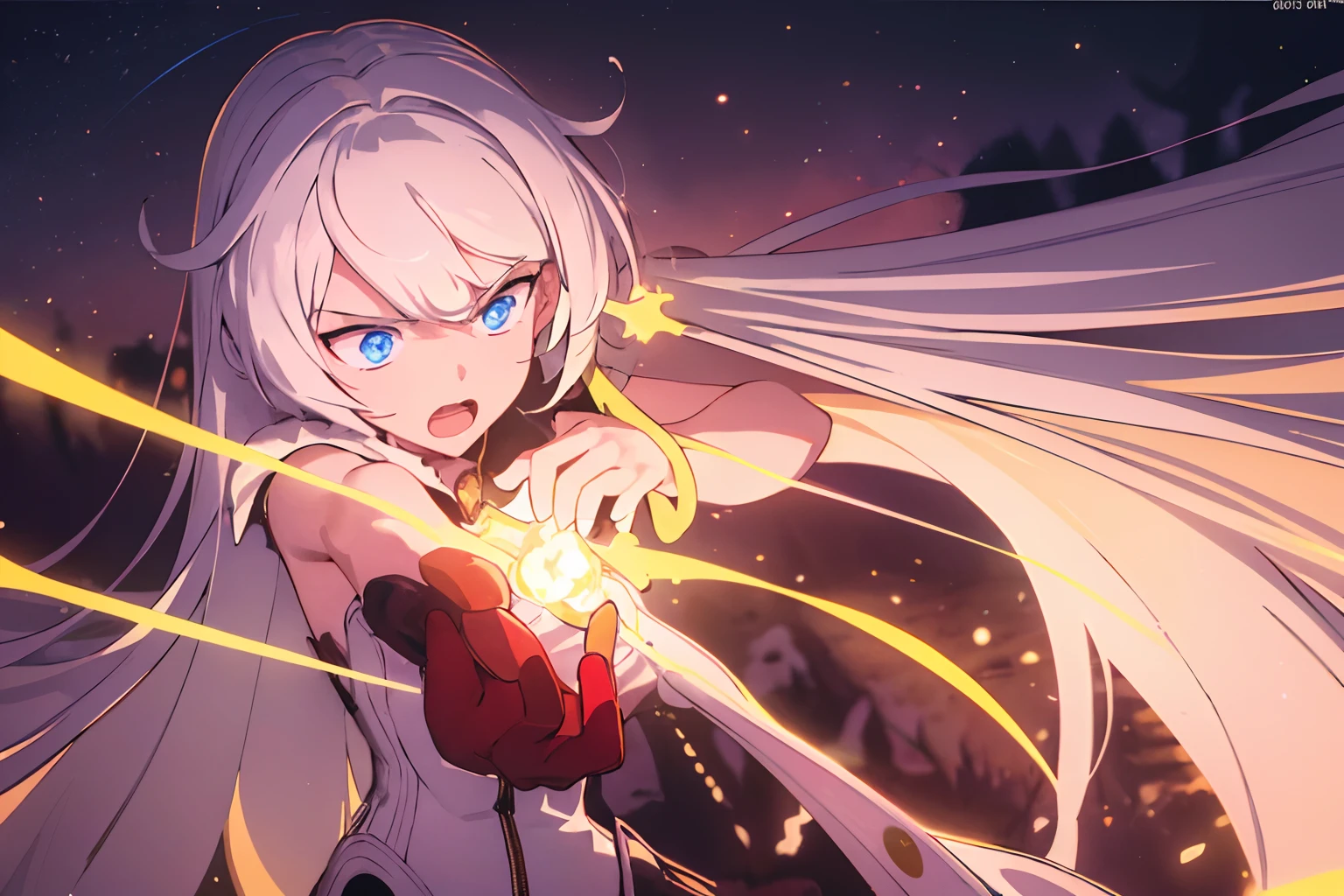 masterpiece, best quality, ultra-detailed, illustration, warm lighting, bright colors, 8K wallpaper, 1girl, full body, solo, very long hair, white hair, blue eyes, mouth closed, angry, fighting, night, moon, outdoors, outdoor