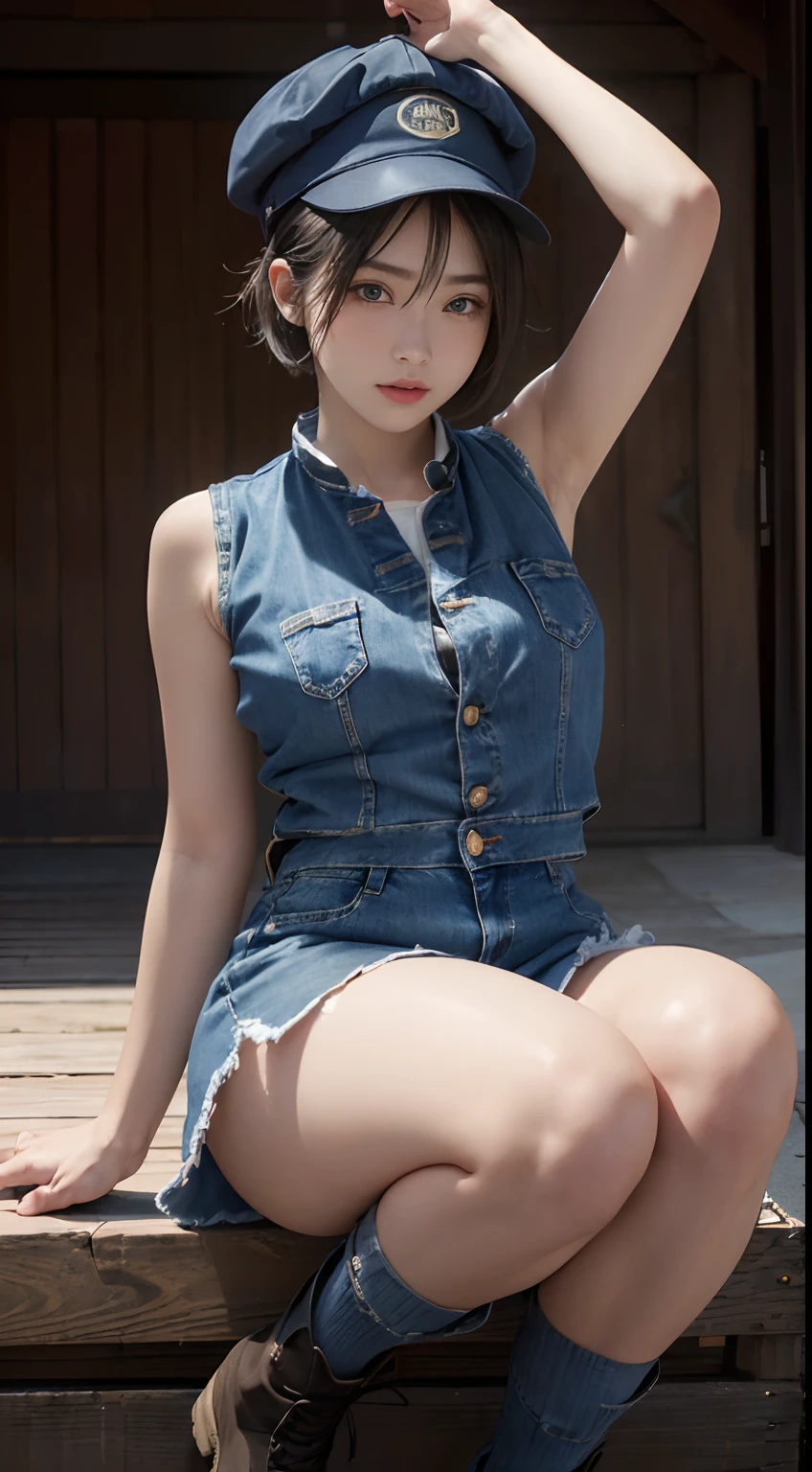 (masuter piece:1.3)、(8K、Photorealsitic、Raw photography、top-quality: 1.4)、(1girl in)、beautiful countenance、(Lifelike face)、(light bege hair、short-hair)、((Huge))、 (Denim Vest、no brassiere)、(super short denim skirt)、(Ankle Boots)、(Baseball Cap)、(are visible)、(Wide buttock)、realisticeyes、Beautiful details、(real looking skin)、Beautiful skins、absurderes、enticing、超A high resolution、A hyper-realistic、high-detail、the golden ratio
