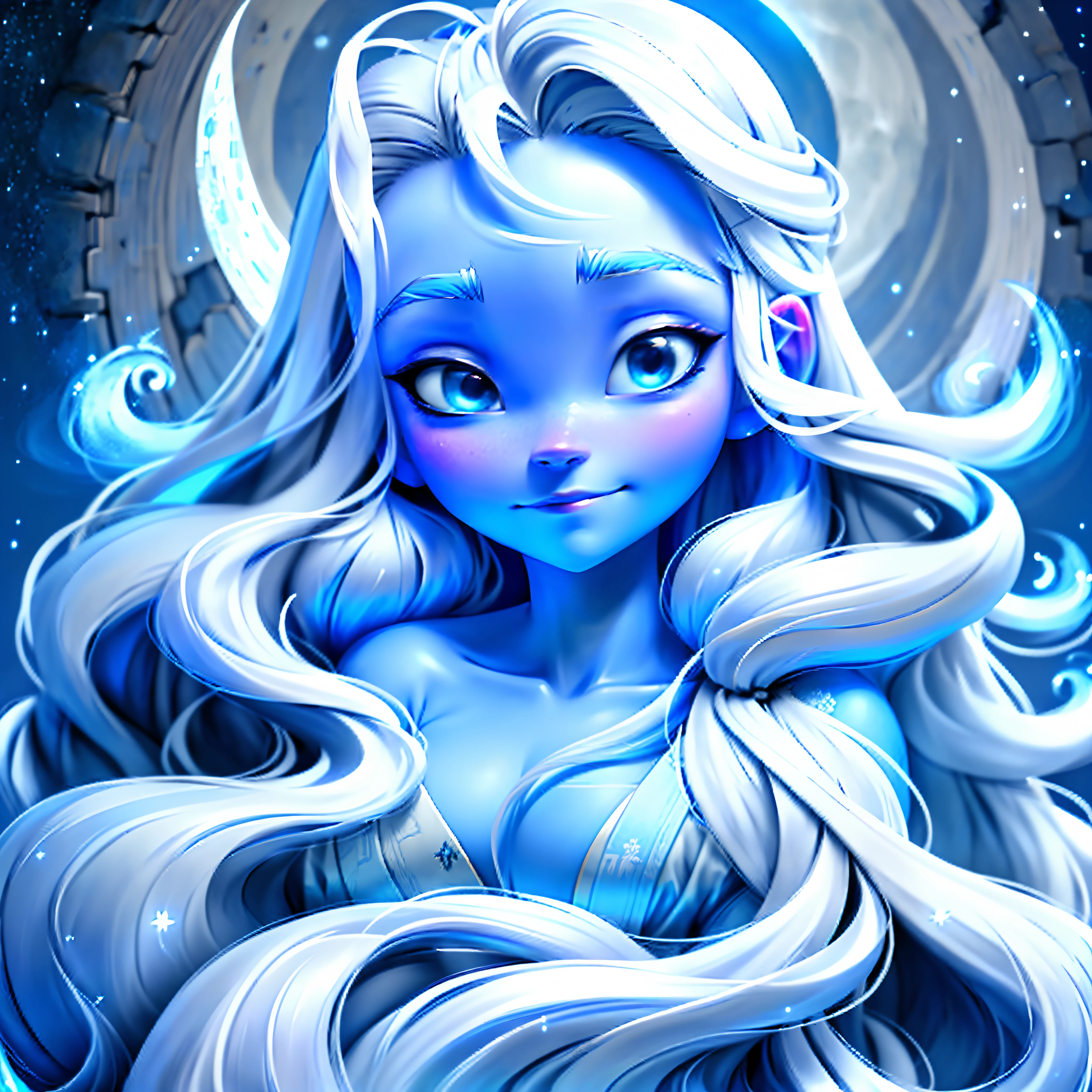masterpiece, best quality, ultra-detailed, goddess, blue skin，white robe, long hair, silver hair, full Moon，Upper focus:1.7