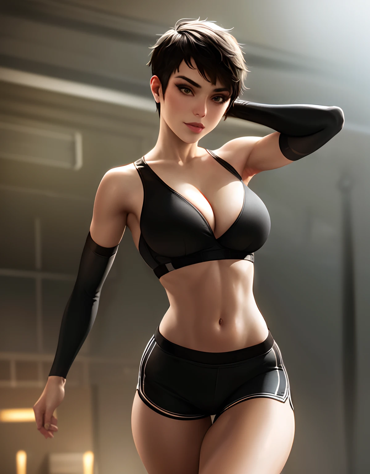 1girl, sexy pose, beautiful ctwmn, skimpy bra and shorts, revealing workout clothes, BLACKED outfit, BLACKED, "BLACKED" brand, green eyes, short hair, smile, athletic, large breasts, gym, at night, volumetric lighting, best quality, masterpiece, intricate details, tonemapping, sharp focus, hyper detailed, trending on Artstation, realistic,