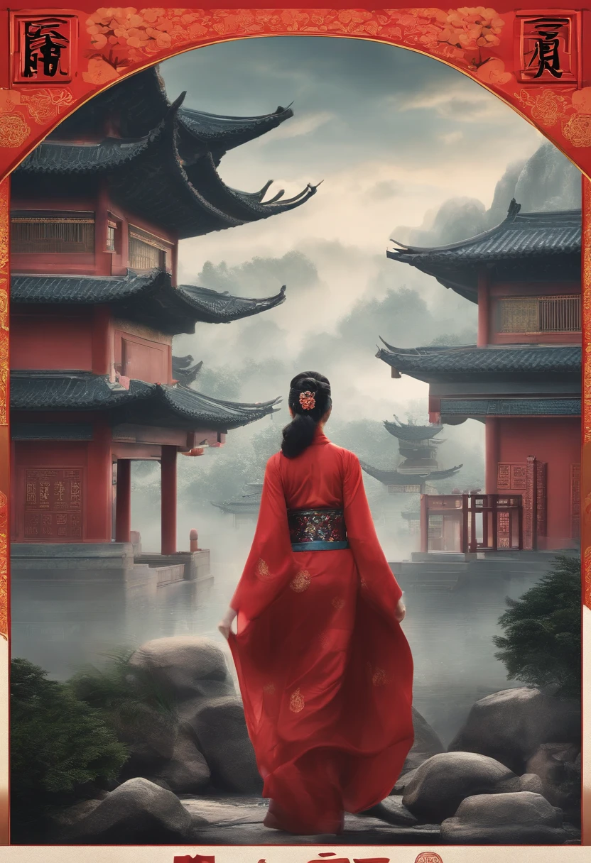 (Poster design),((Rain poster)),SakuraNS,chinese traditional architecture,,A woman wears Hanfu,Landscape of people,(There is in the upper left corner(Spring)The Chinese characters,Microsoft Yahei)