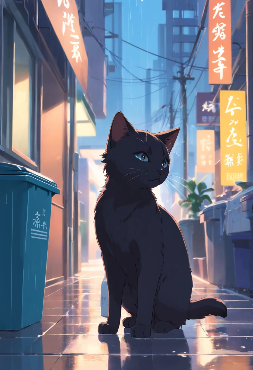 A black kitten, Do cat poses,  raining day，Wet hair，Wet hair，かわいい，Meticulous expressions，Urban street background，nooks，Trash can next to it，Meticulous background depiction，Ultra HD and Ultra High Resolution