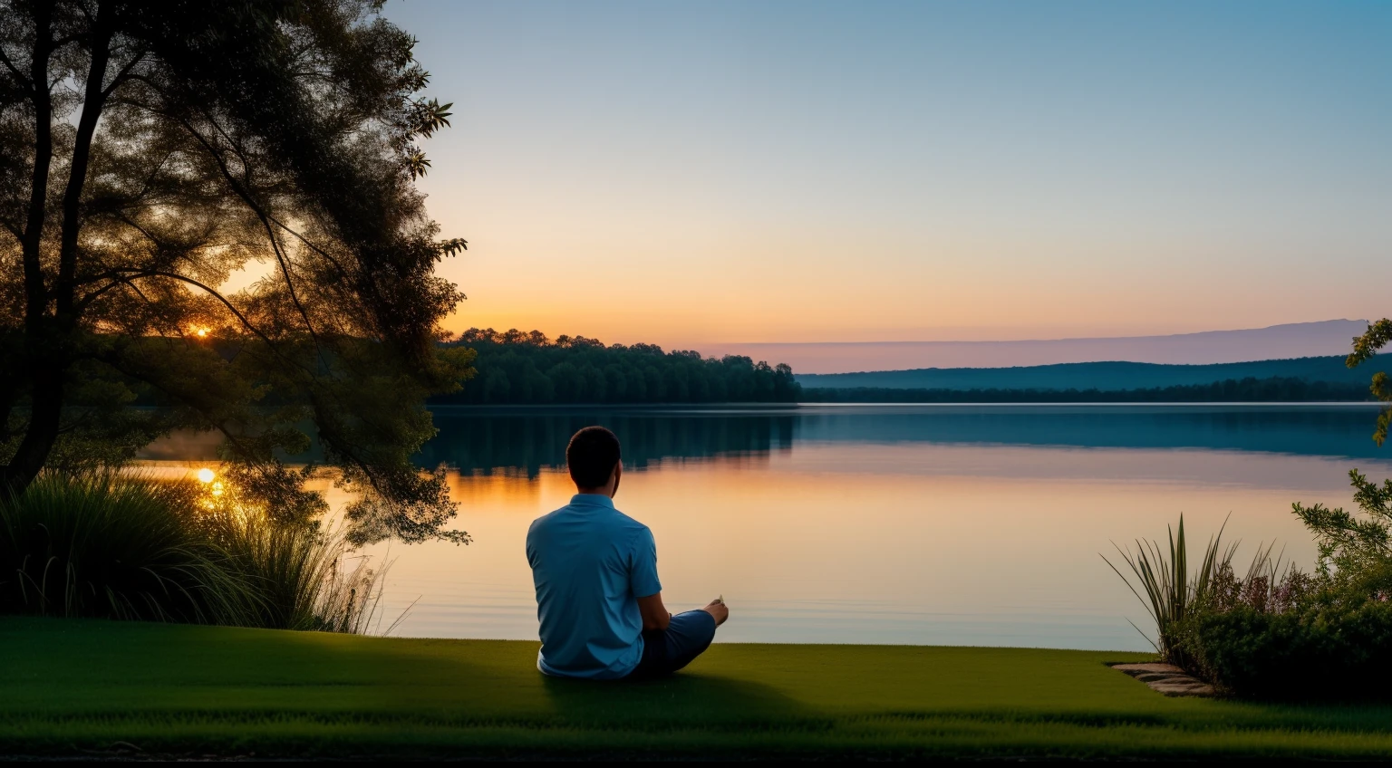 Imagem: A tranquil and serene setting, with a lake mirroring the blue sky and green trees all around. No centro, A person is sitting in meditation, with a calm and serene expression on his face. The sun is setting on the horizon, creating soft shades of orange and pink in the sky.