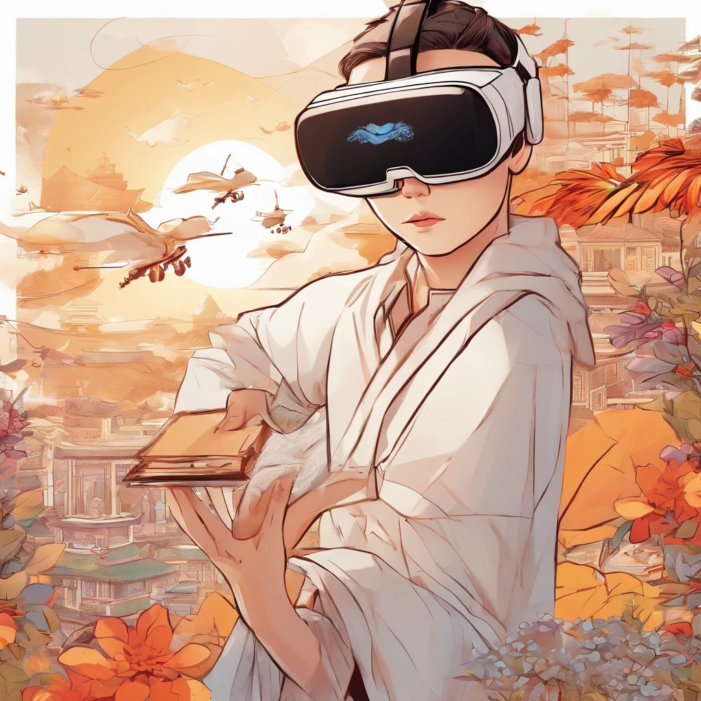 (White background:1.4),(Boy wears VR,Control the drone to fly,AR drawing cartoon characters,Take pictures to record it。Oriental elements),(Chinese illustration:1.3,paper art:1.3, Quilted paper art:1.2),( reasonable design, Clear lines, High sharpness,Best quality, Very detailed, Masterpiece, movie light effect, 4K )