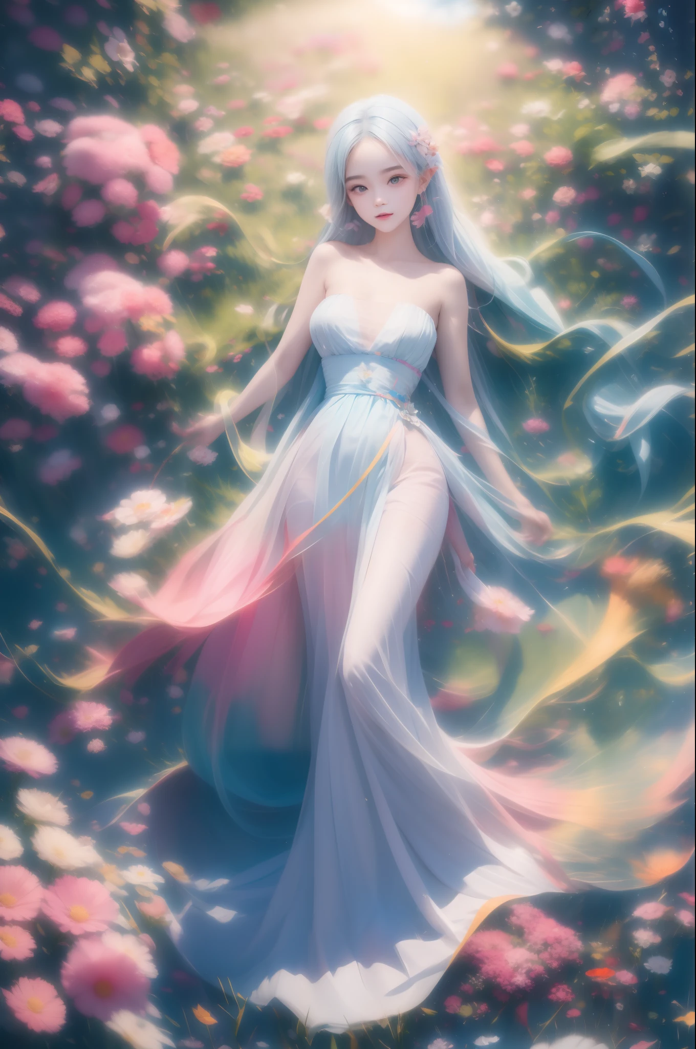1girl, solo, full body, (masterpiece:1.21), (best quality:1.2), colorful, (illustration:1.2), (cinematic lighting:1.1), (bare shoulders:1.21), (collarbone:1.21) In this whimsical and fantastic garden,The scene is rainbowed(colorful fireflies)illuminate,dance through the air。Soft(Drizzle)Decorate the garden,It creates a hazy and ethereal atmosphere。In the center of the screen,There was a single age girl standing,Extremely delicate girl,Lovely facial features,The expression is innocent。Her long hair fluttered in the wind。She wears an ultra-low-cut strapless dress,Highlight her delicate curves。The lighting is very delicate and beautiful,Creates a soft and warm glow,Highlights the surface of the water,making it sparkle like diamonds。The finest grass is also illuminated,Create a lush carpet。The garden is surrounded by colorful fields of flowers,Flowers of all colors and shapes bloom。Various colors and sizes can be seen(Colorful butterflies)Fly around the scene,It adds to the overall sense of wonder and magic。 (Gentlemen),A flush is visible at the bridge of the nose,The mouth opened slightly,It also adds to the overall sense of innocence and youthfulness。Falling petals can be seen floating around her,It adds to the overall romance and beauty。A gentle breeze,The leaves rustle,Flowers sway,Adds to the overall dynamism and vitality。It is a scene of pure wonder and magic,Full of color and beauty,Viewers can lose themselves in this fascinating world,pureerosface_v1,ulzzang-6500-v1.1,