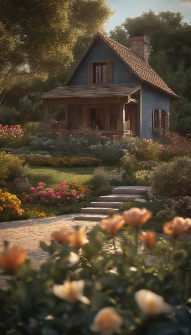 (best quality, 4k, highres, masterpiece:1.2), ultra-detailed, (realistic, photorealistic, photo-realistic:1.37), one-story small cottage in a beautiful garden, covered porch with rocking chair, flower beds and blooming fruit trees around and in front of the cottage, deep blue evening sky, peaceful atmosphere, sunlight filtering through the trees, vibrant colors, cozy and inviting, tranquil setting, lush greenery, birds chirping, faint scent of flowers in the air, soft breeze rustling the leaves, chirping crickets, a sense of serenity and calmness, the cottage nestled amidst nature, charming rustic architecture, wooden shutters on the windows, neatly kept garden, quaint and picturesque, well-maintained pathways, a sense of harmony between man-made and natural elements, an escape from the bustling city life.