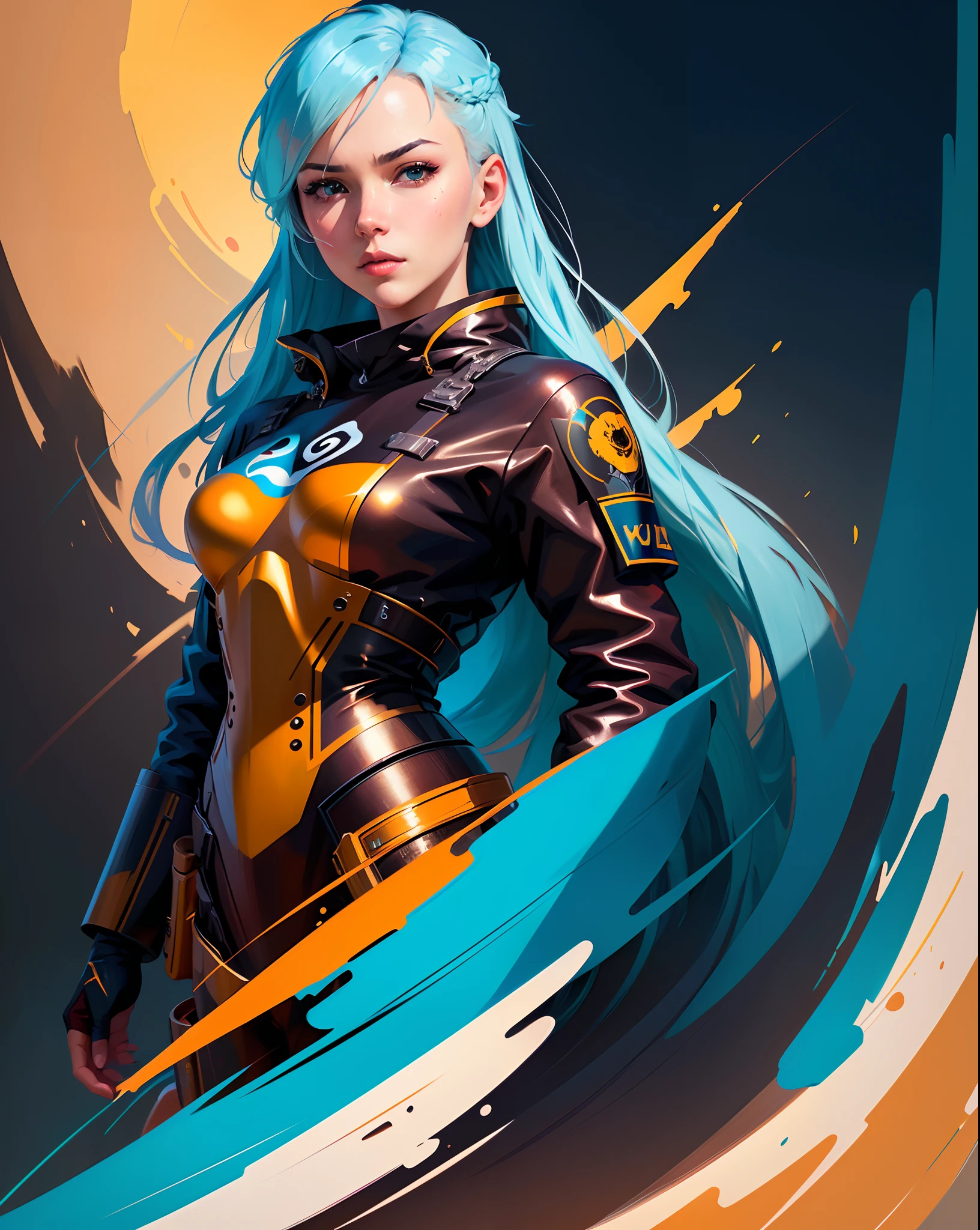 Ilya Kuvshinov with long sky blue hair, golden eyes, amber eyes, professional digital painting, wild brushstrokes, concept art, award-winning photography, cinematic, wlop, color block, pop, hip, Andy Warhol art, pixiv art, yoshitaka amano