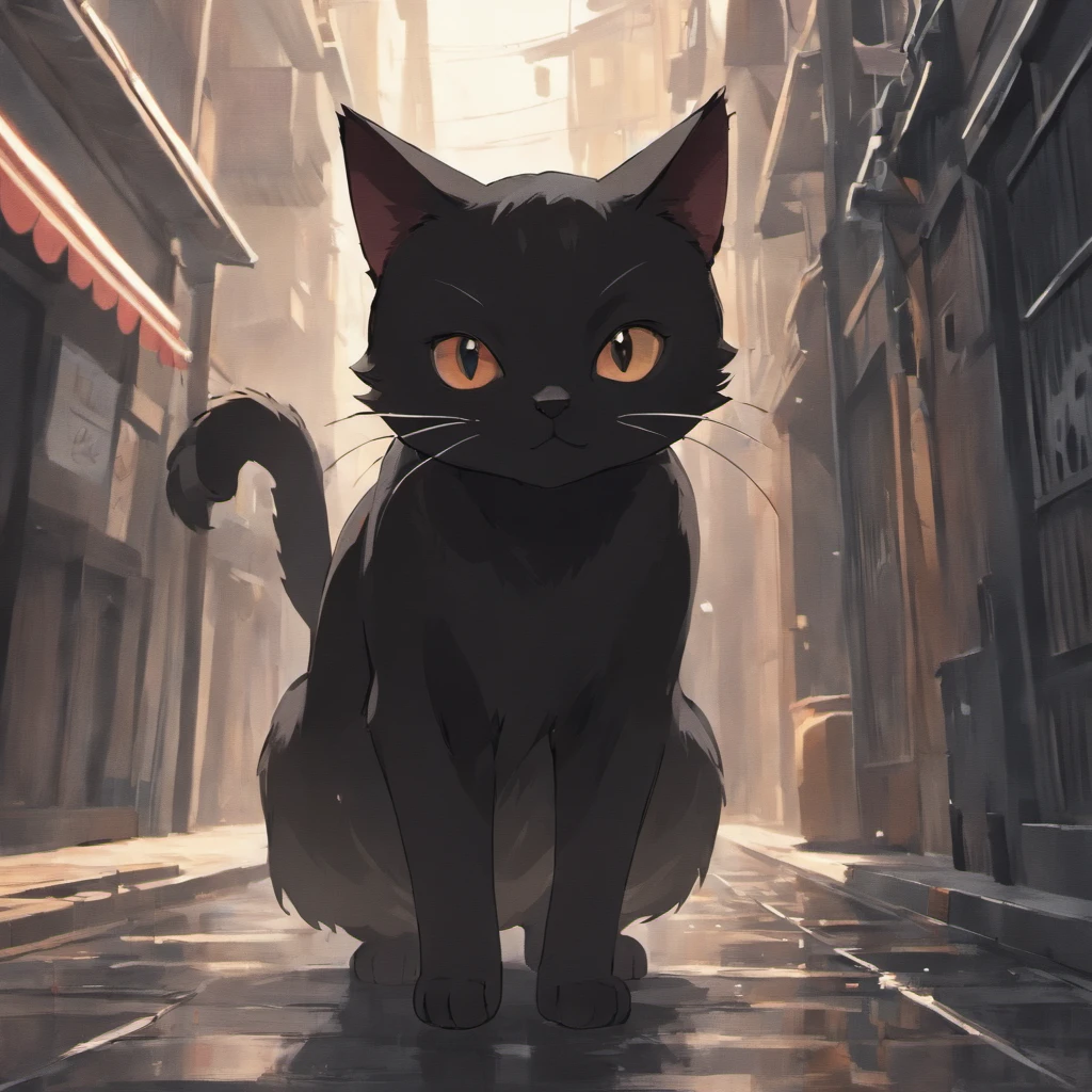Picture black cat illustration, Stylized, A black kitten, Do cat poses, raining day,Wet hair,Wet hair,かわいい,Meticulous expressions,Urban street background,nooks,Trash can next to it,Meticulous background depiction,Ultra HD and Ultra High Resolution cat tail raised, Vibrant colors, --AR 9:16