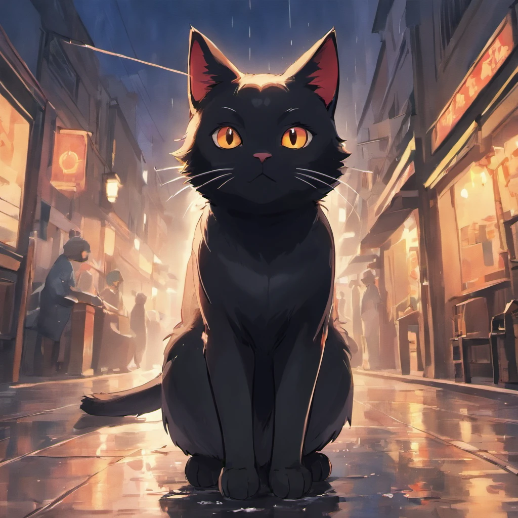 Picture black cat illustration, Stylized, A black kitten, Do cat poses, raining day，Wet hair，Wet hair，かわいい，Meticulous expressions，Urban street background，nooks，Trash can next to it，Meticulous background depiction，Ultra HD and Ultra High Resolution cat tail raised, Vibrant colors, --AR 9:16
