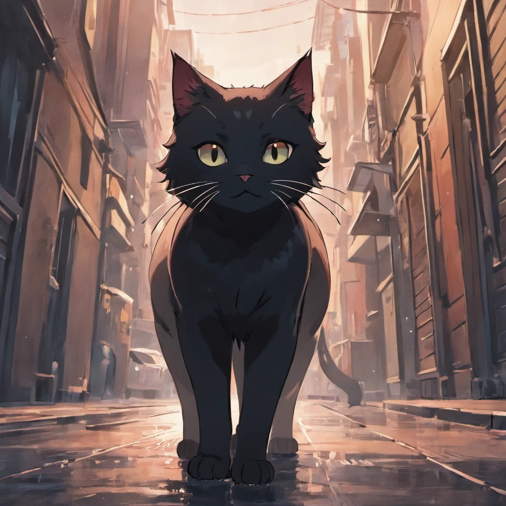 Picture black cat illustration, Stylized, A black kitten, Do cat poses, raining day,Wet hair,Wet hair,かわいい,Meticulous expressions,Urban street background,nooks,Trash can next to it,Meticulous background depiction,Ultra HD and Ultra High Resolution cat tail raised, Vibrant colors, --AR 9:16