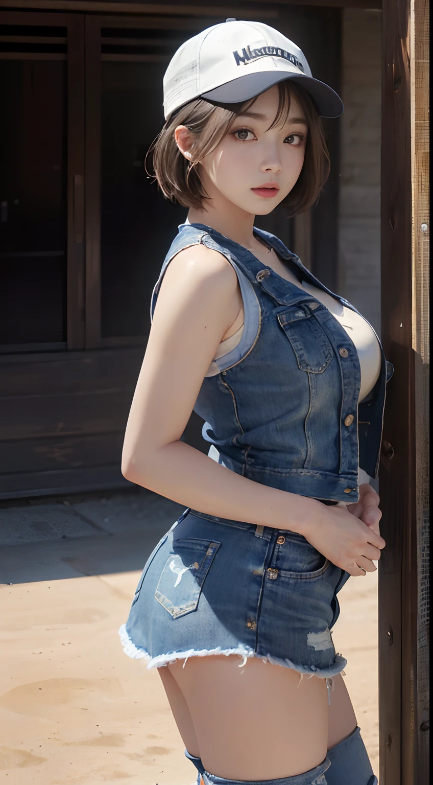 (masuter piece:1.3)、(8K、Photorealsitic、Raw photography、top-quality: 1.4)、(1girl in)、beautiful countenance、(Lifelike face)、(light bege hair、short-hair)、((Huge))、 (Denim Vest、Button Open、no brassiere)、(super short denim skirt)、(boots)、(Baseball Cap)、(are visible)、(Big buttocks)、(Standing in an empty town)、realisticeyes、Beautiful details、(real looking skin)、Beautiful skins、absurderes、enticing、超A high resolution、A hyper-realistic、high-detail、the golden ratio