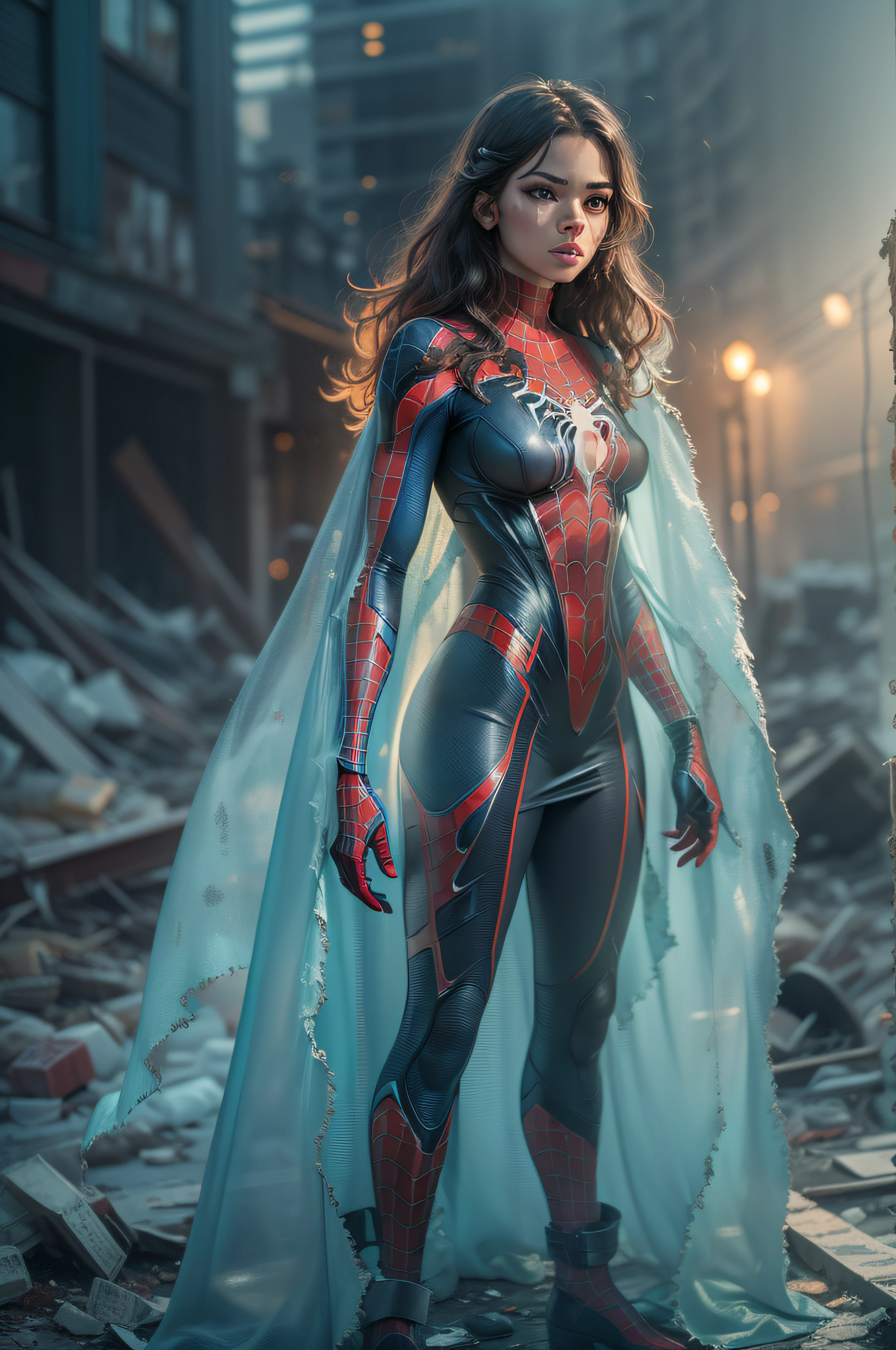 Zendaya in detailed (transparent 98%) ice blue (transparent 80% Spider-Man costume), superhero pose, dark brown hair, standing in a ruined city at sunset, hyperdetailed, smoke, sparks, sunbeams, (8k), realistic, symmetrical, award-winning, cinematic lightning, soaked, film, 75mm, scratches, full body shot, close-up, torn and dirty clothes, detailed face,