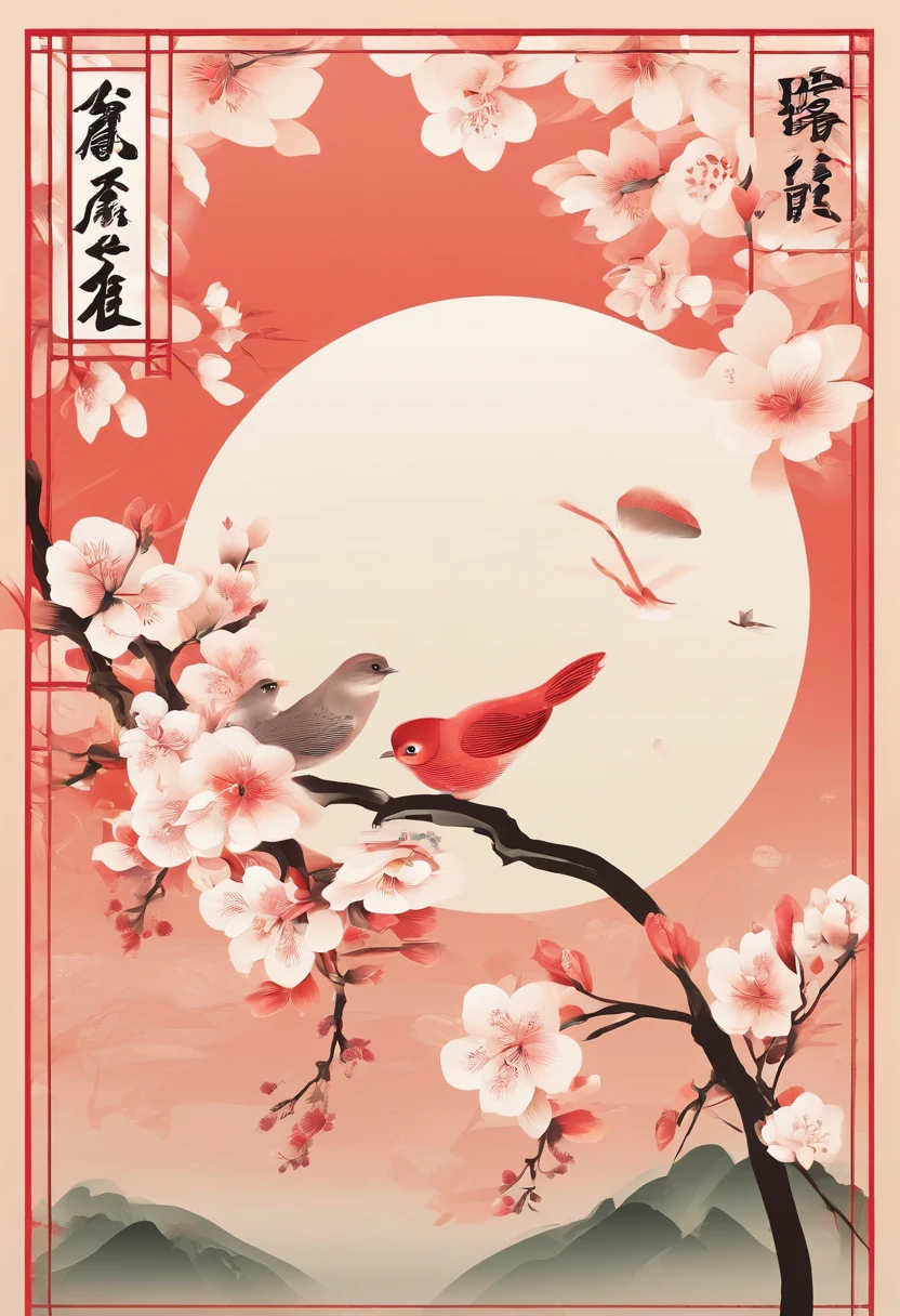 Spring,Traditional Chinese solar terms,early spring,(((Spring flowers))),There is in the upper left corner(Standing Spring Festival)two characters,Brush writing,There are national style flower branches((Thrush))