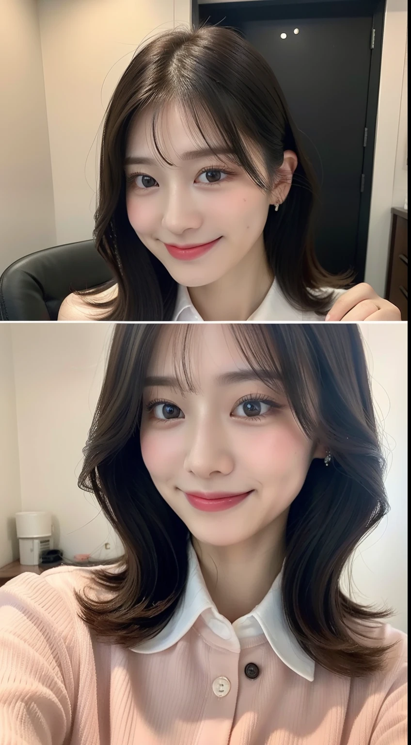 (8K、top-quality、masterpiece:1.2)、(realisitic、Photorealsitic:1.37)、ultra-detailliert、1girl in、cute little、独奏、Beautiful detailed sky、Detailed Office、natta、sitting on、(blush of the nose)、(A smile:1.15)、(Mouth closed)、Medium chest、beatiful detailed eyes、(shirt with collar:1.1)、natta、business clothes、(shorth hair:1.2)、pureerosface_v1、detail finger、Beautiful Detail Face、