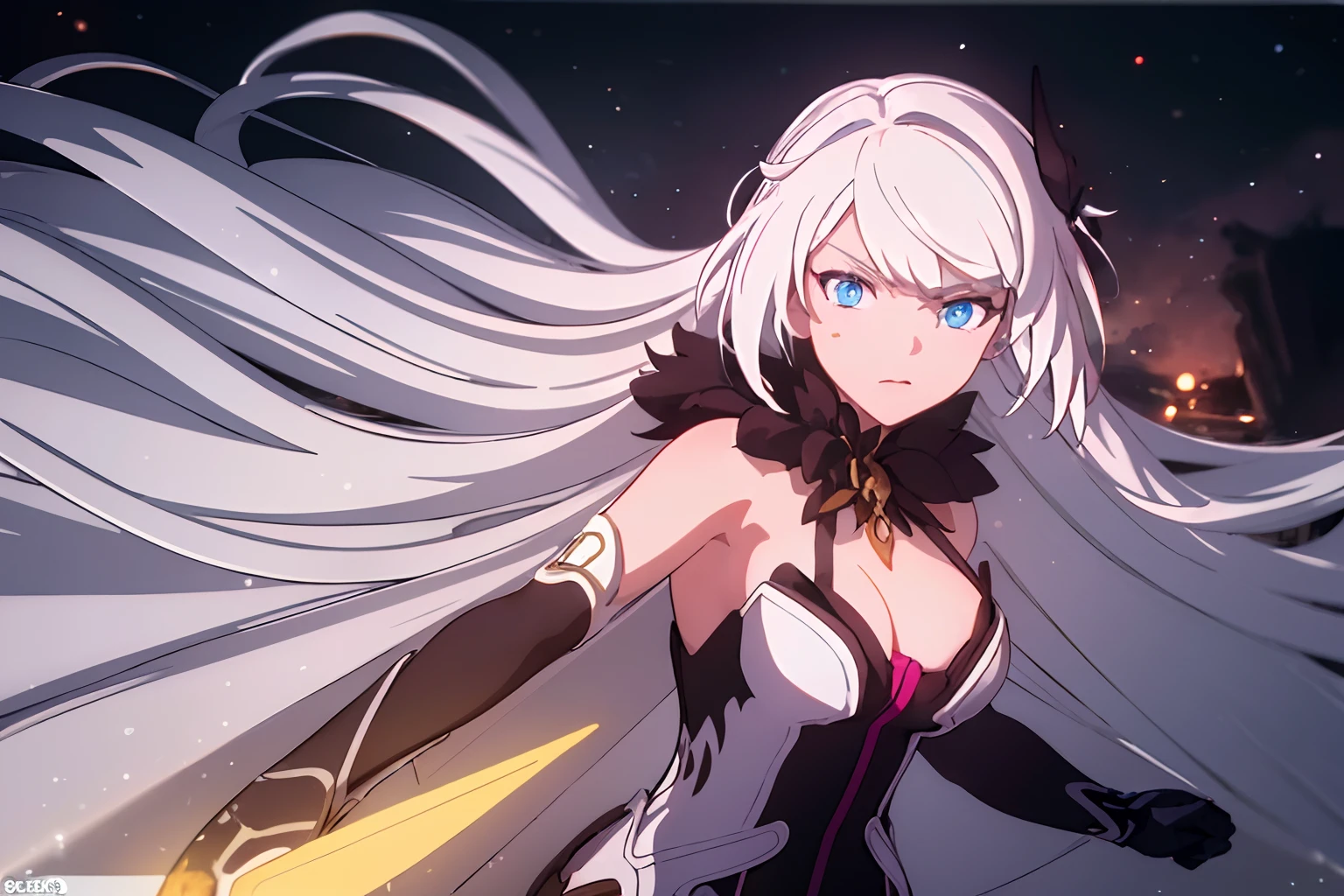 masterpiece, best quality, ultra-detailed, illustration, warm lighting, bright colors, 8K wallpaper, 1girl, full body, solo, very long hair, white hair, blue eyes, mouth closed, angry, fighting, night, moon, outdoors, outdoor