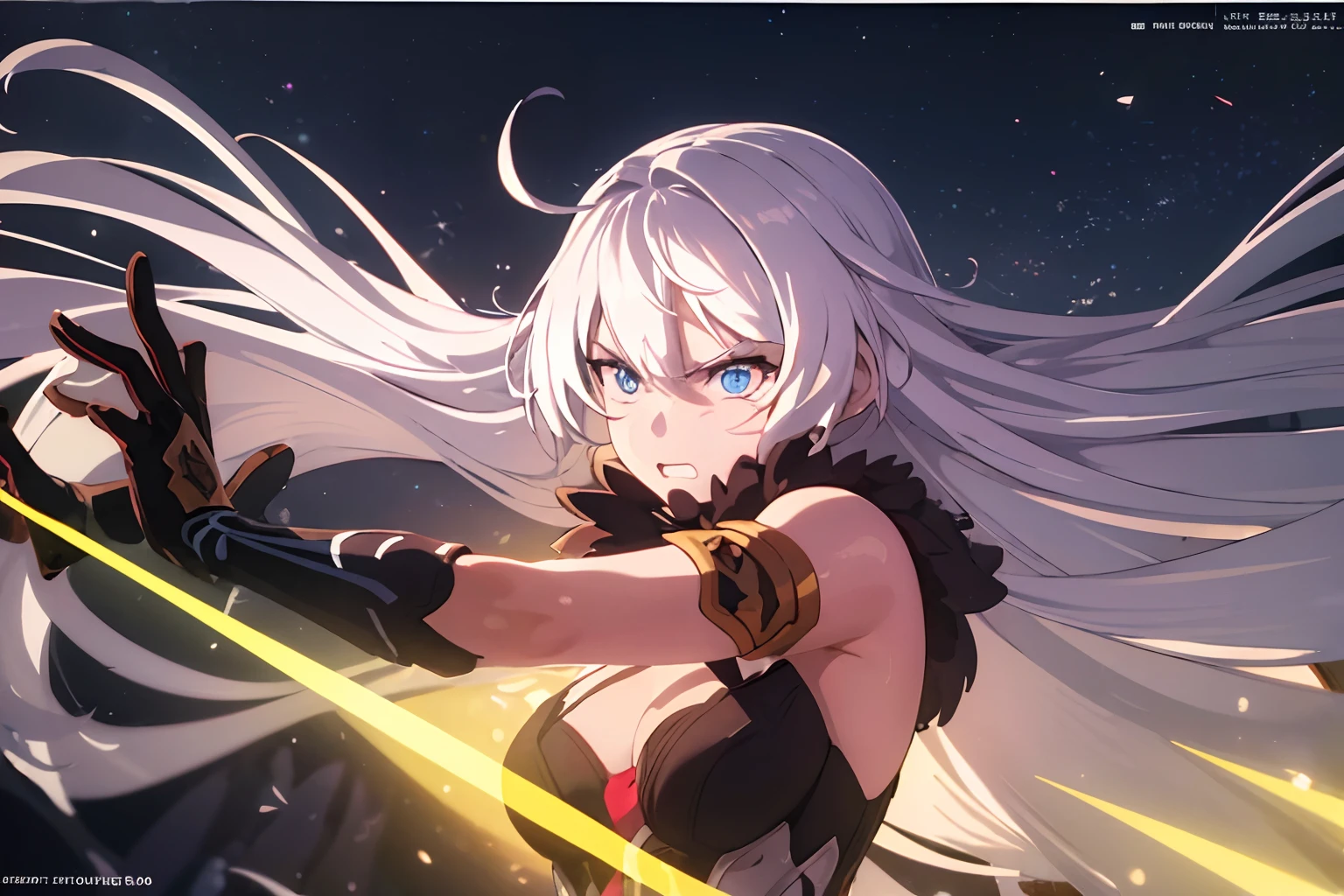 masterpiece, best quality, ultra-detailed, illustration, warm lighting, bright colors, 8K wallpaper, 1girl, full body, solo, very long hair, white hair, blue eyes, mouth closed, angry, fighting, bruised face, cut marks, night, moon, outdoors, outdoor