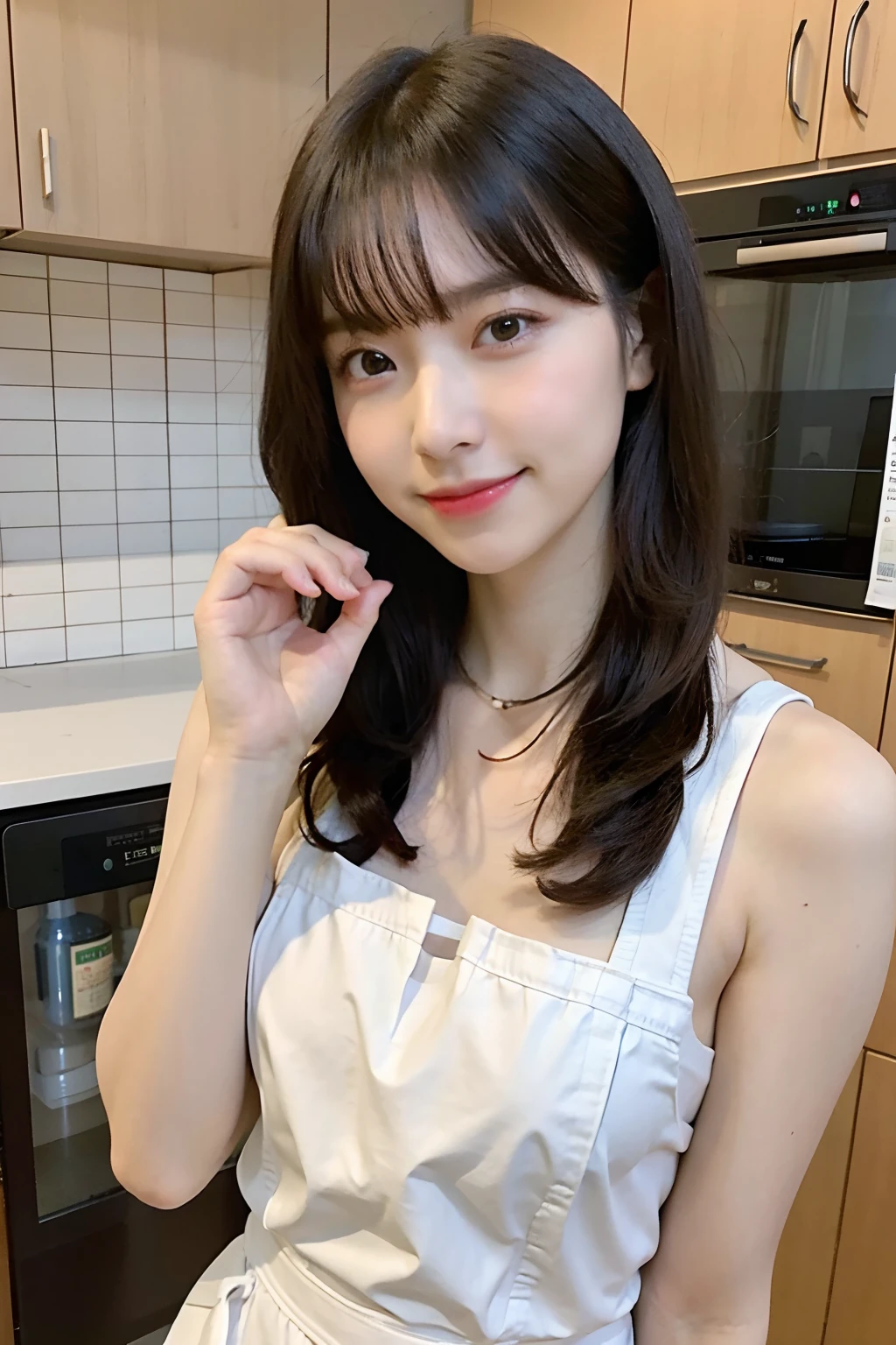 a woman is cooking、(kitchin_Apron:1.Wear 3)、Good Hand、4K、hight resolution、​masterpiece、top-quality、Cap:1.3、((Hasselblad photo))、Fine skin、foco nítido、(lighting like a movie)、Soft lighting、dynamic ungle、[:(详细的脸:1.2):0.2]、Medium chest、sweats streamed skin:1.2、(((In the kitchen))) Cute smile　Viewer's Perspective　Colossal tits　Tying hair　Sleeveless　Put out your upper arm　Shoulders are sticking out　Cleanliness　Large kitchen　Beautiful kitchen　wine glasses