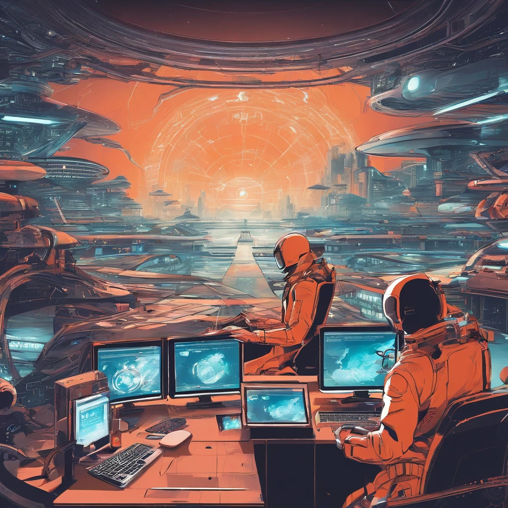 Crie uma imagem , with people using computers marveling at the rise of Artificial Intelligences.