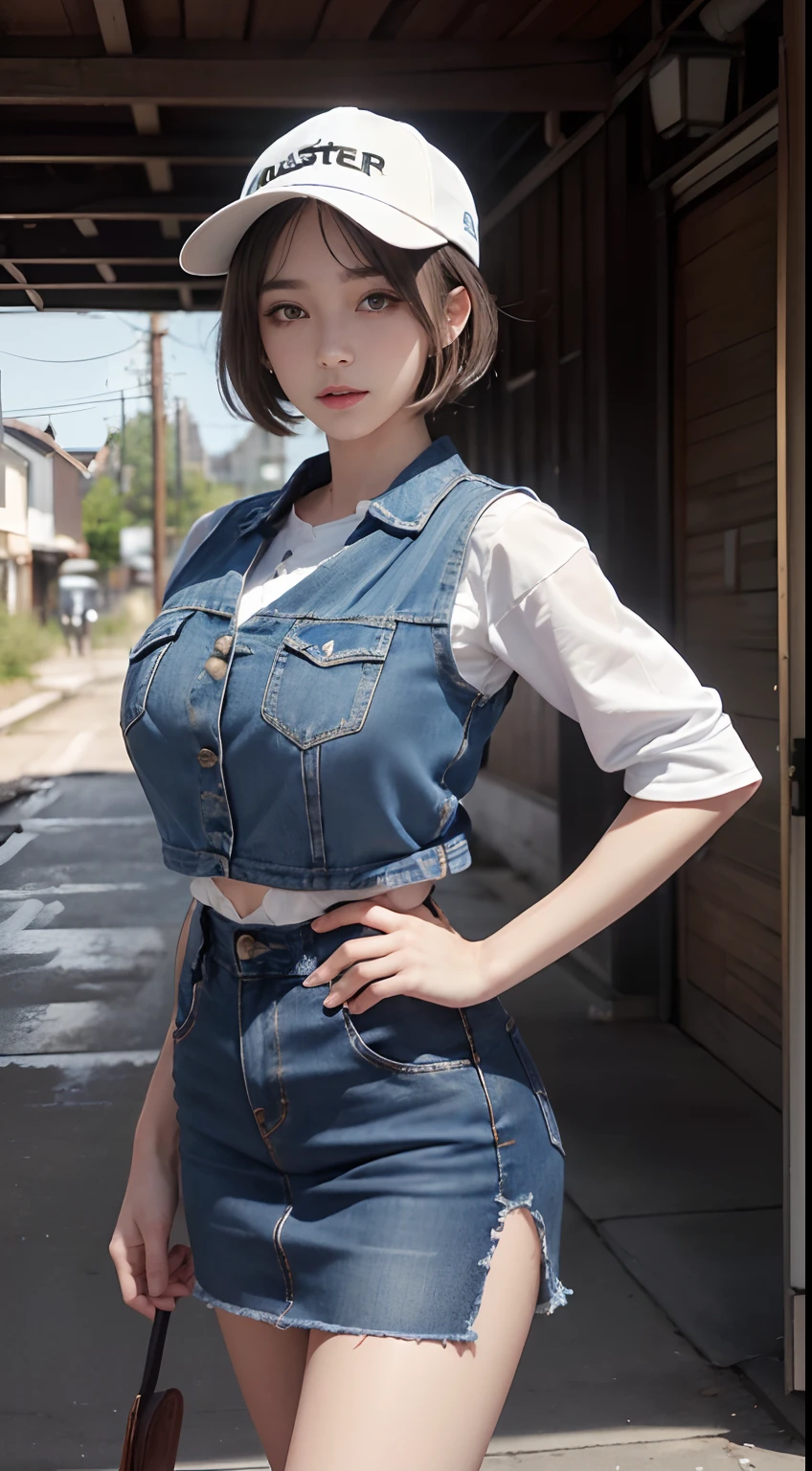 (masuter piece:1.3)、(8K、Photorealsitic、Raw photography、top-quality: 1.4)、(1girl in)、beautiful countenance、(Lifelike face)、(light bege hair、short-hair)、((Huge))、 (Denim Vest、Button open、no brassiere)、(super short denim skirt)、(long boots)、(Baseball Cap)、(are visible)、(Fingers in detail)、(Standing in an empty town)、realisticeyes、Beautiful details、(real looking skin)、Beautiful skins、absurderes、enticing、超A high resolution、A hyper-realistic、high-detail、the golden ratio