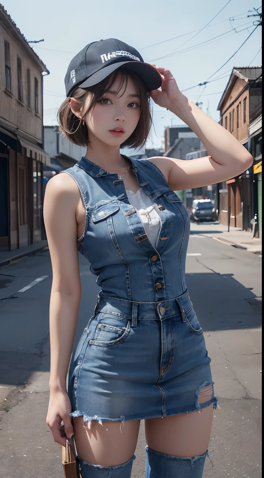 (masuter piece:1.3)、(8K、Photorealsitic、Raw photography、top-quality: 1.4)、(1girl in)、beautiful countenance、(Lifelike face)、(light bege hair、short-hair)、((Huge))、 (Denim Vest、Button open、no brassiere)、(super short denim skirt)、(long boots)、(Baseball Cap)、(are visible)、(Fingers in detail)、(Standing in an empty town)、realisticeyes、Beautiful details、(real looking skin)、Beautiful skins、absurderes、enticing、超A high resolution、A hyper-realistic、high-detail、the golden ratio