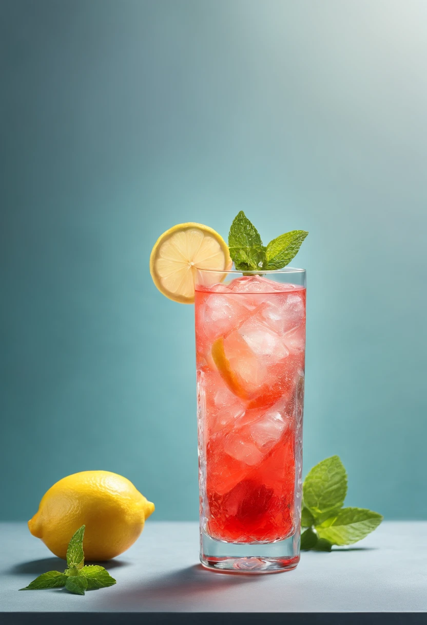 a refreshing cool drink in a glass with a slice of lemon and mint leaves on a glass table. It looks so refreshing that you want to drink it straight away, balanced and saturated colours, high colour depth, very detailed, details in shadows, high image sharpness, high resolution, no image noise, no artefacts