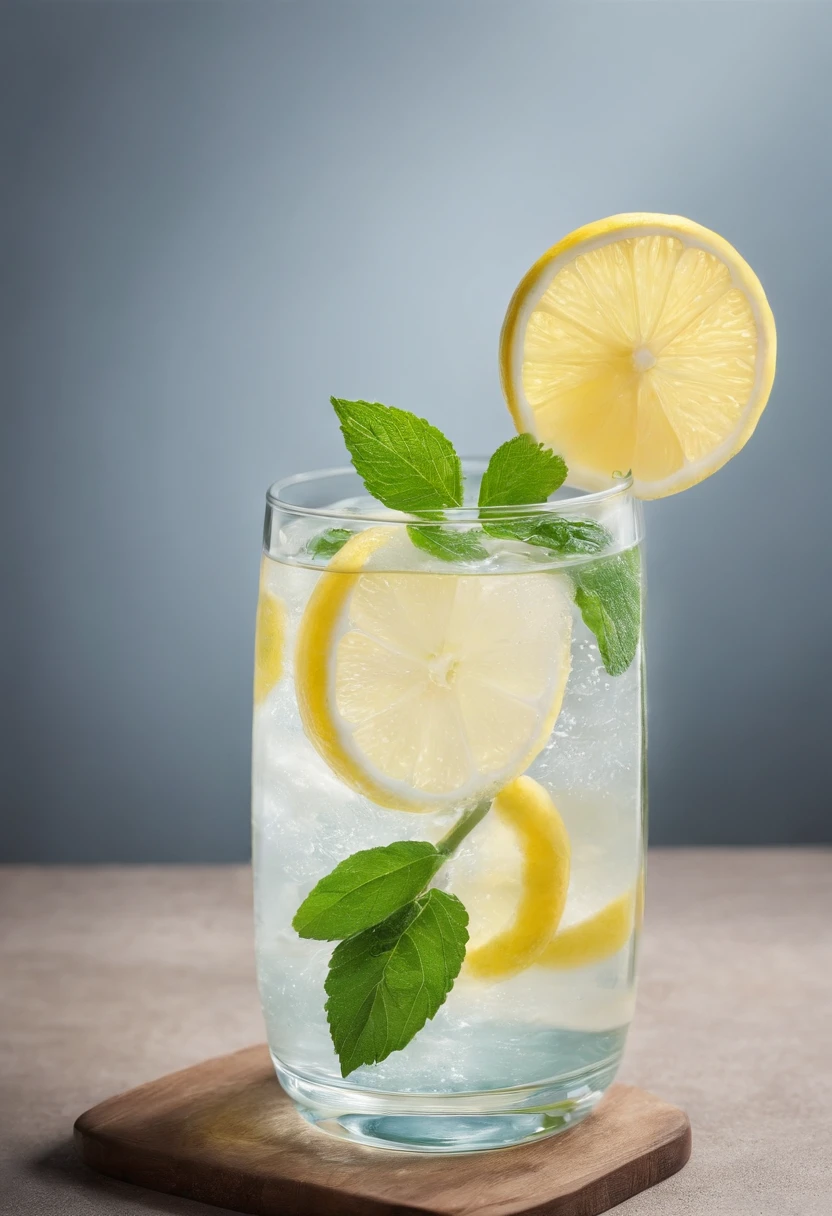 a refreshing cool drink in a glass with a slice of lemon and mint leaves on a glass table. It looks so refreshing that you want to drink it straight away, balanced and saturated colours, high colour depth, very detailed, details in shadows, high image sharpness, high resolution, no image noise, no artefacts